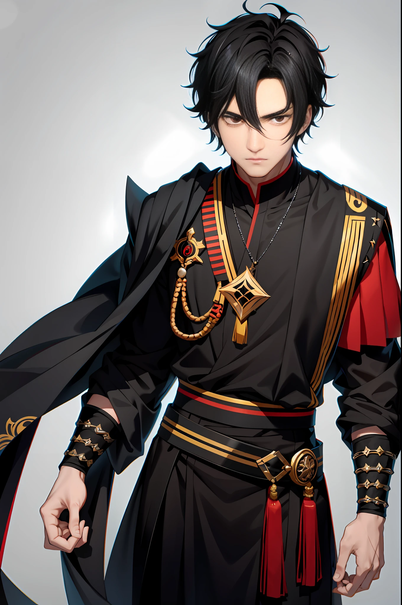 Attention on the head, a young man with short and curly black hair, decorated with a black cloth. Detail his face, focus on his calm expression and striking red eyes, ray tracing, polishing, anime