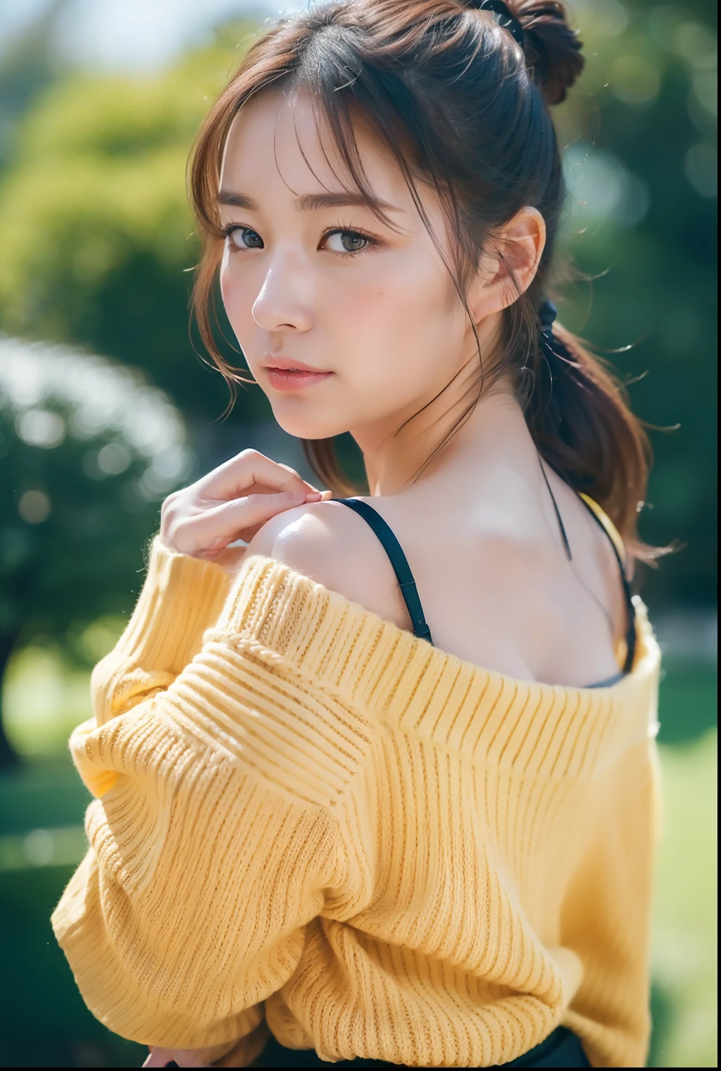 ((Best Quality, 8k, Sharp Focus, 35mm Lens, Masterpiece: 1.2, Natural Light, Ultimate Girl, Highly Detailed Facial Textures)), (Shoulder Knit Sweater), (knit skirt), (Park: 1.2 )), highly detailed facial textures, detailed beauty makeup, double eyelids, ultra-detailed skin, navel, Squinting , long hair tied up, scrunchie, looking at viewer, looking back