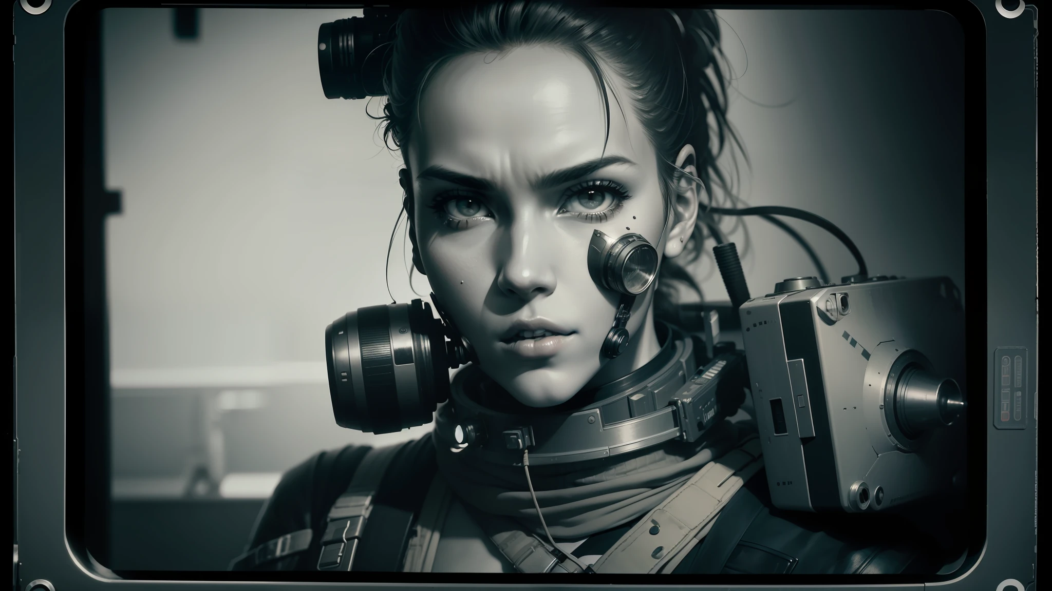 there is a woman with a gas mask and a camera, artgerm and patrick demarchelier, shot for imax, black and white polaroid, high resolution film still, space pirates, nautical siren, grungy dystopia, daguerrotype, commander, derek riggs --auto --s2