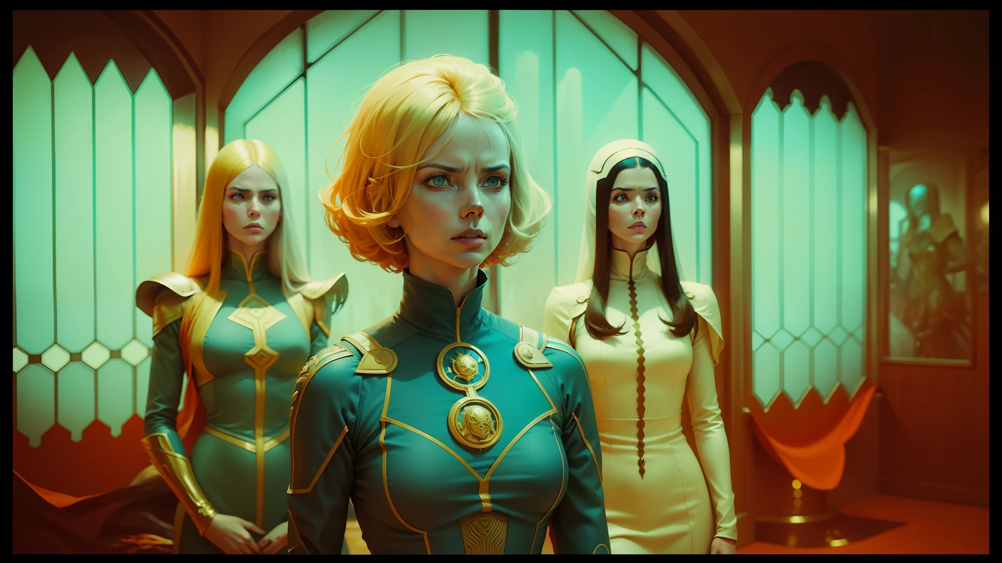 three women in blue dresses stand in front of a window, jodorowsky's dune, style of maciej kuciara, orange and teal color, portrait of (charlize theron), still image from the movie, wes anderson and gucci, barbarella, by Ryan Yee, parallelism, 2 0 7 7, björk, saga comic --auto --s2