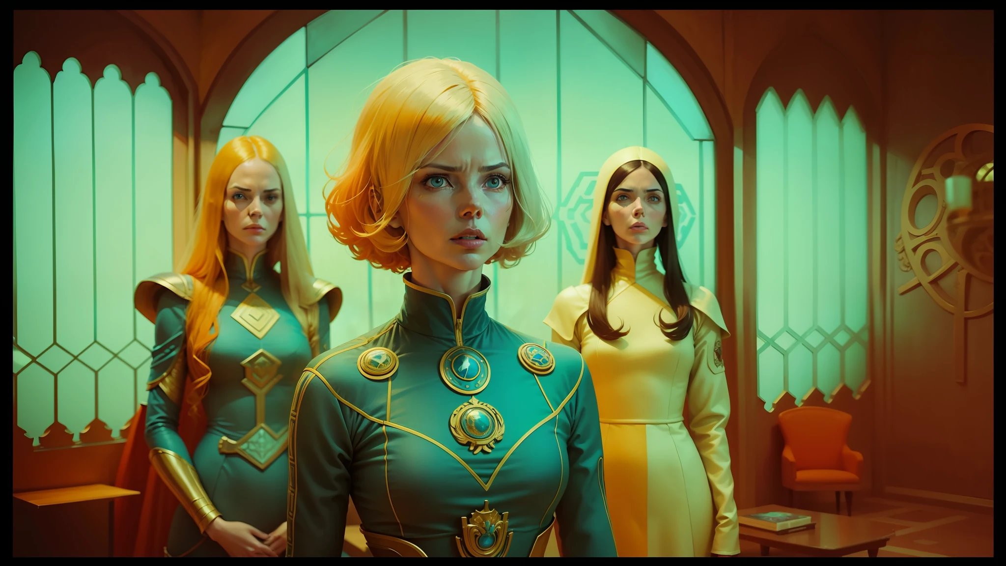 three women in blue dresses stand in front of a window, jodorowsky's dune, style of maciej kuciara, orange and teal color, portrait of (charlize theron), still image from the movie, wes anderson and gucci, barbarella, by Ryan Yee, parallelism, 2 0 7 7, björk, saga comic --auto --s2