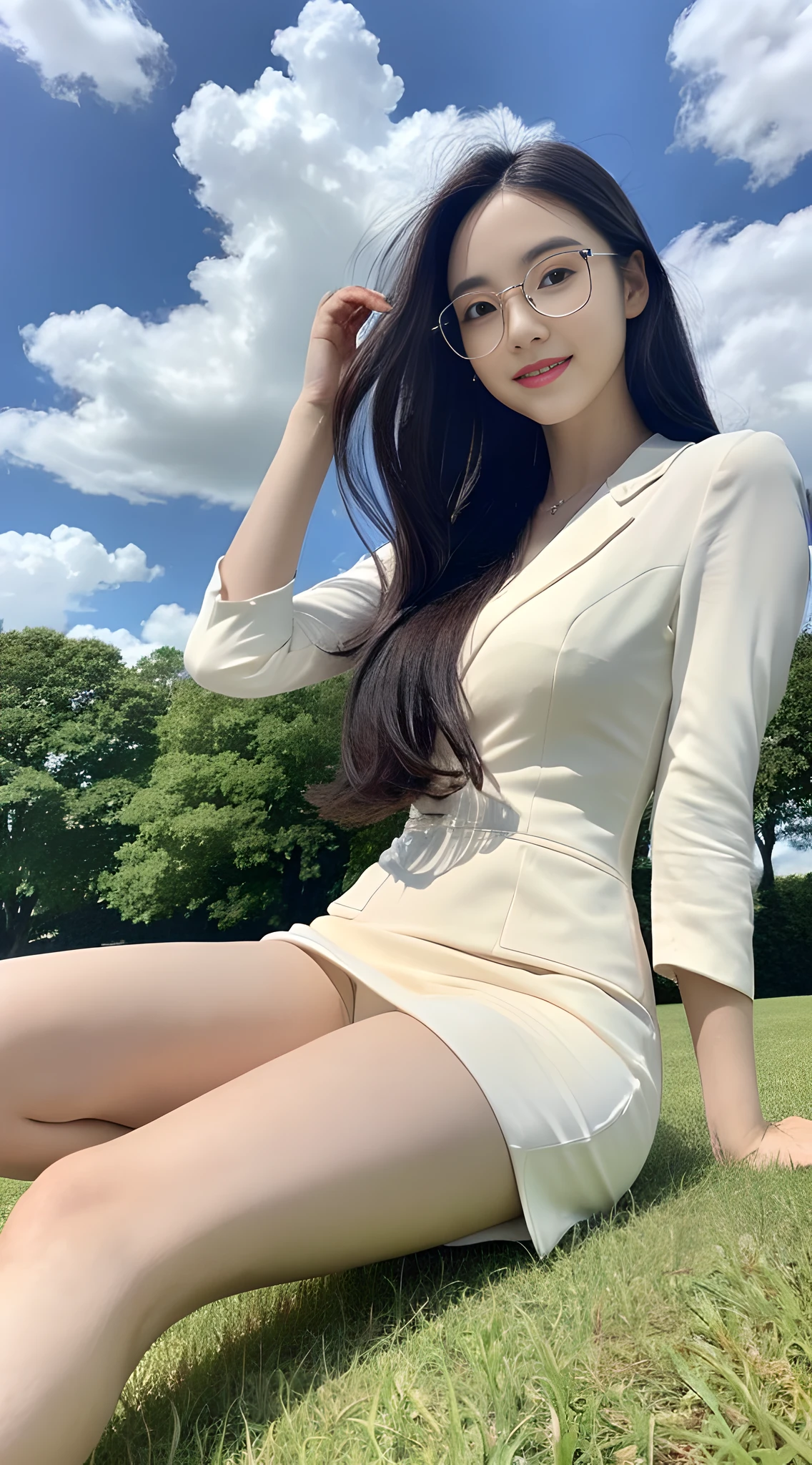 A beautiful and cute girl, full body photo, extremely beautiful and delicate, black hair, sweet smile, delicate beautiful fair skin, realistic and realistic, exquisite and complete facial features, detailed facial portrayal, high nose bridge, with glasses, flowing smooth hair, extremely delicate hair, soft temperament, face light, tall, thin, real, hyper-real, full-body lens, forward tilt angle, ultimate picture quality, highest precision, accurate and perfect human body structure. Blue sky and white clouds, sitting on the grass, blue sky and white clouds, sunshine, (professional formal wear)