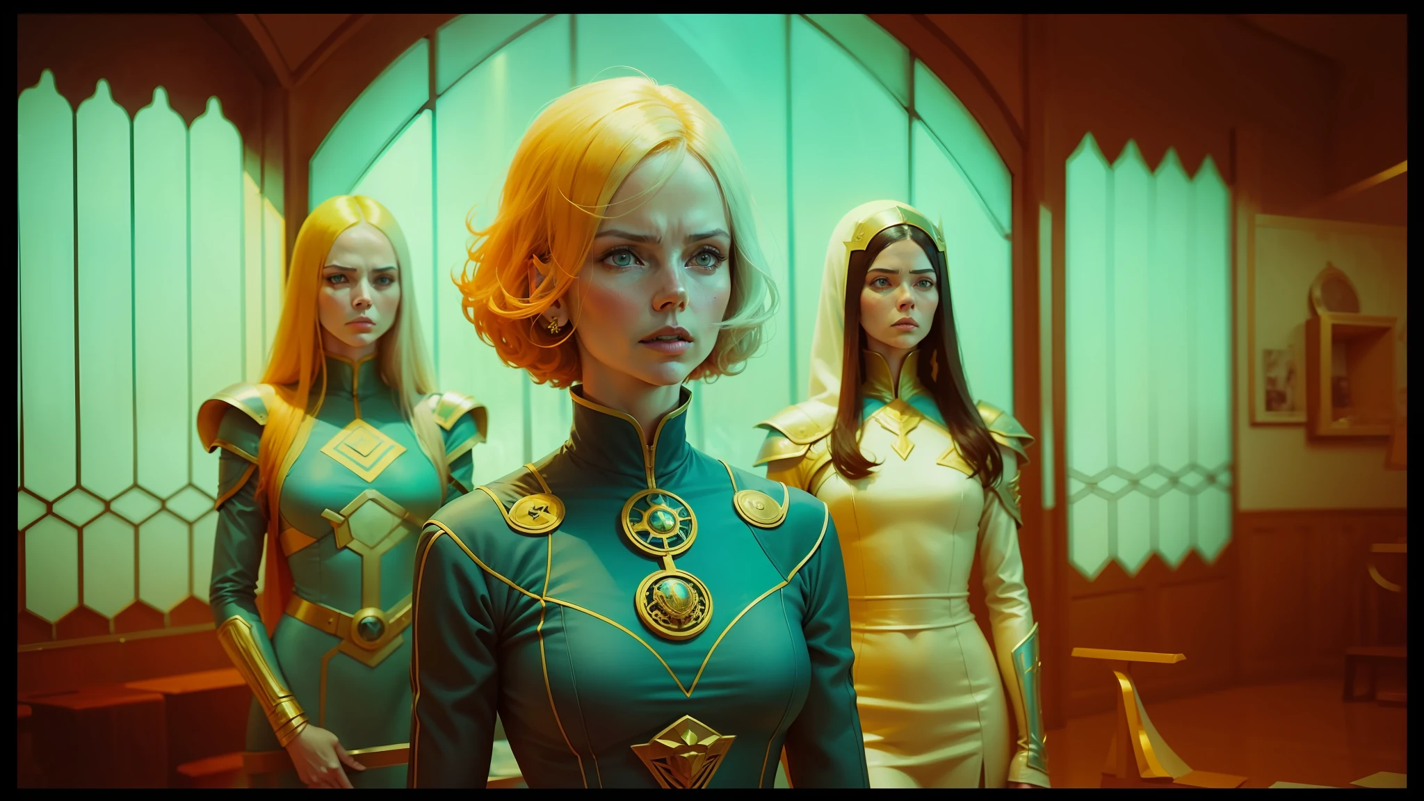 three women in blue dresses stand in front of a window, jodorowsky's dune, style of maciej kuciara, orange and teal color, portrait of (charlize theron), still image from the movie, wes anderson and gucci, barbarella, by Ryan Yee, parallelism, 2 0 7 7, björk, saga comic --auto --s2