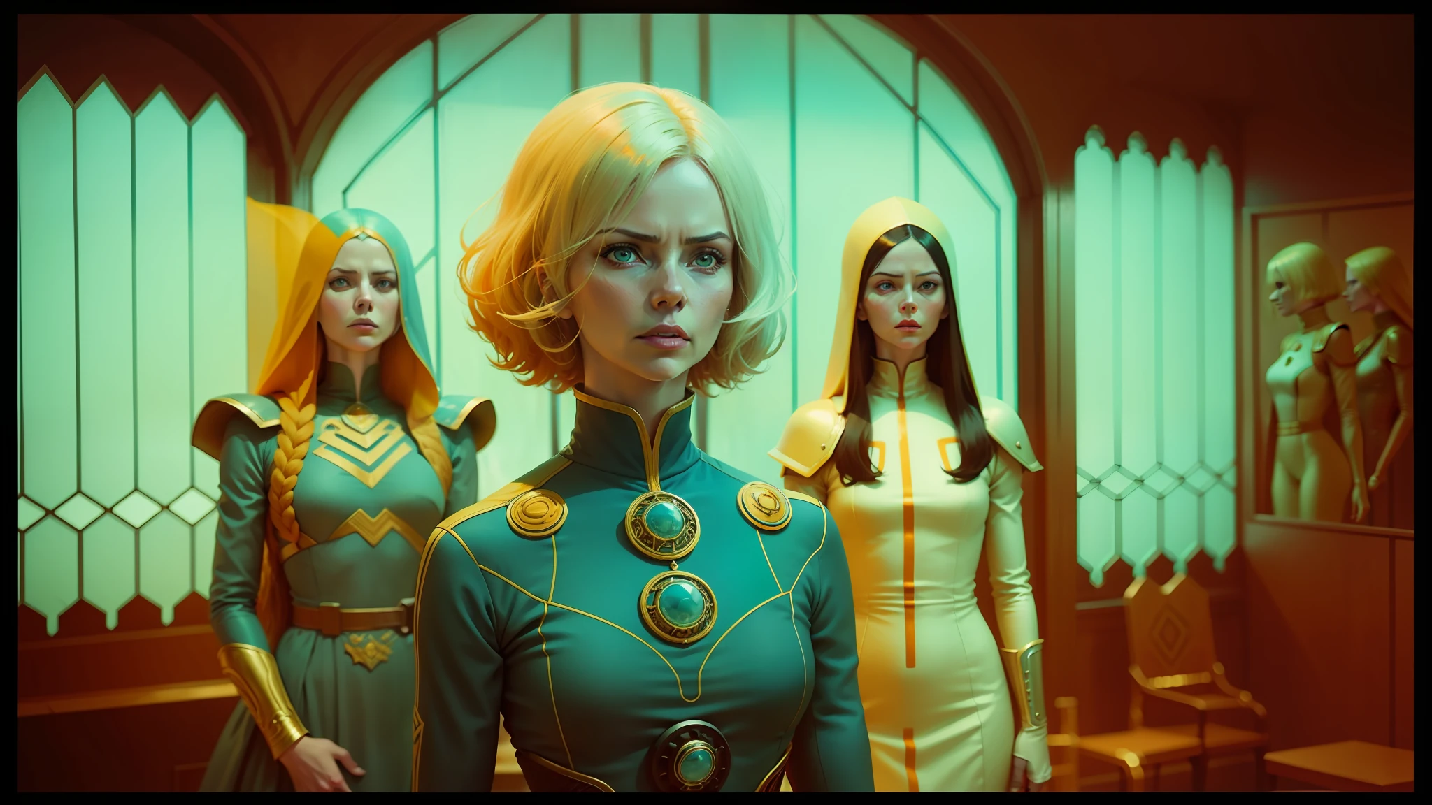 three women in blue dresses stand in front of a window, jodorowsky's dune, style of maciej kuciara, orange and teal color, portrait of (charlize theron), still image from the movie, wes anderson and gucci, barbarella, by Ryan Yee, parallelism, 2 0 7 7, björk, saga comic --auto --s2
