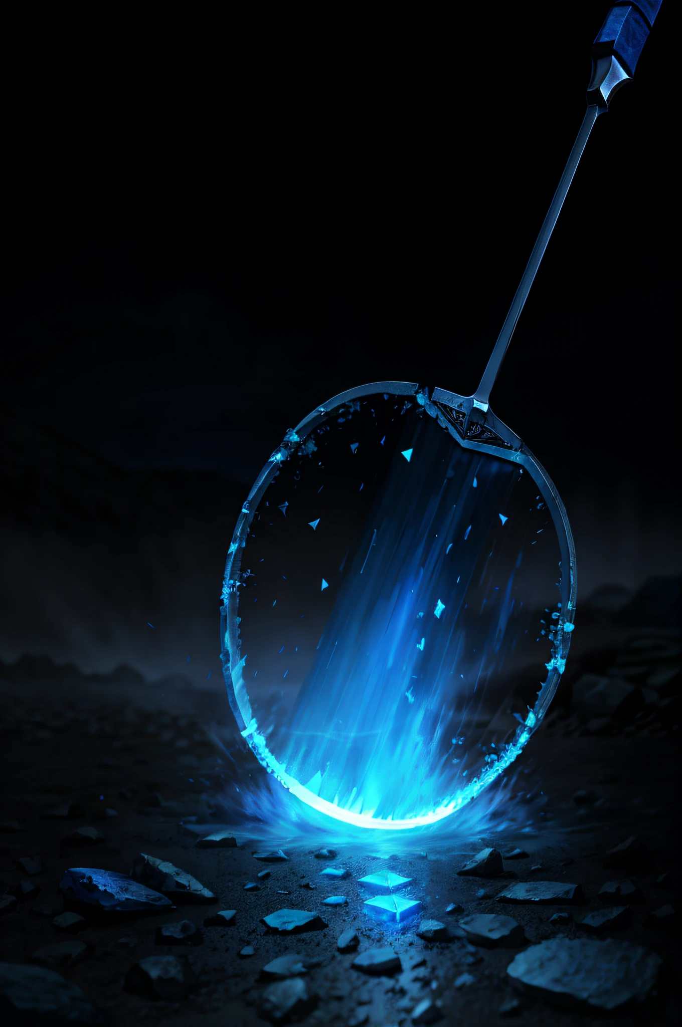 A huge blue knife slashed into the ground, the ground had blue magma, the ground splashed a lot of blue stones, and the background was blue doomsday and blue smoke