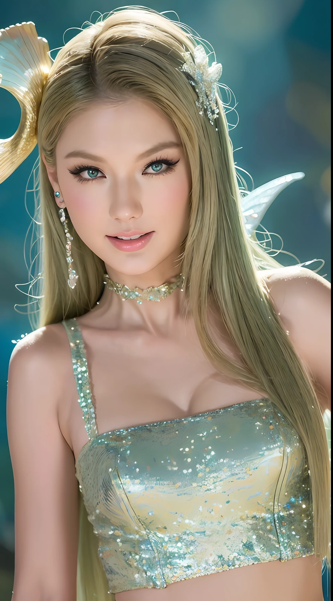 (Best quality, 8k, 1girl, masterpiece: 1.3), a beautiful woman, ((tailor swift)), (pop legends as mermaids), highly detailed face and skin, detailed eyes, smile