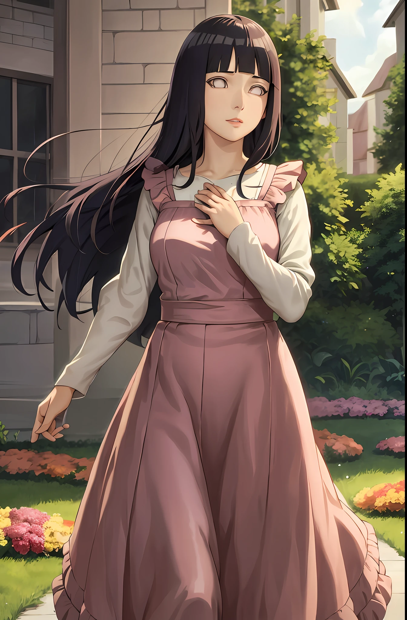 masterpiece, hinata\(boruto\), solo, 1girl,medium breasts, long orange victorian style dress, soft smile, (((long hair))),standing, the bodice and the skirt pattern, frill skirt, lace, blink blink effect, (((detailed lips))), cowboy shoot, garden, flowers, flowers petals, wind, flowing hair