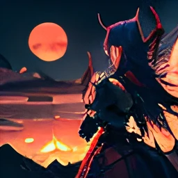 Demon anime girl, dusk, mountain of corpses, bloody, too knife, demon horn, wings, tail, ruthless, pixel --auto --s2