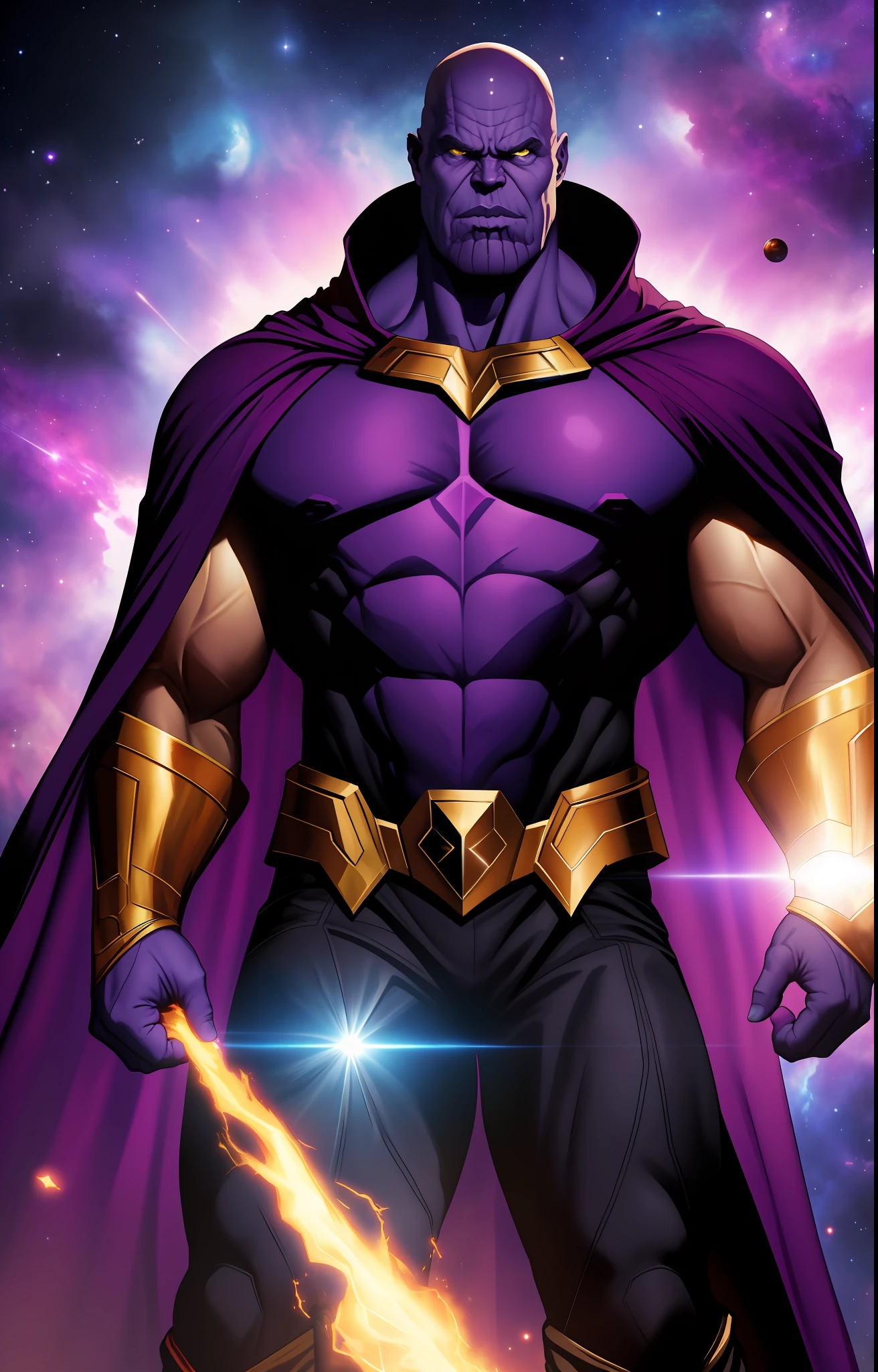 (best quality: 1.2), (masterpiece: 1.2), (realistic: 1.2), stunning angry Thanos, bald, purple cape, nebula space background, volumetric light, upper body, muscle, muscular, fantasy, dynamic angle, dynamic pose, masterpiece