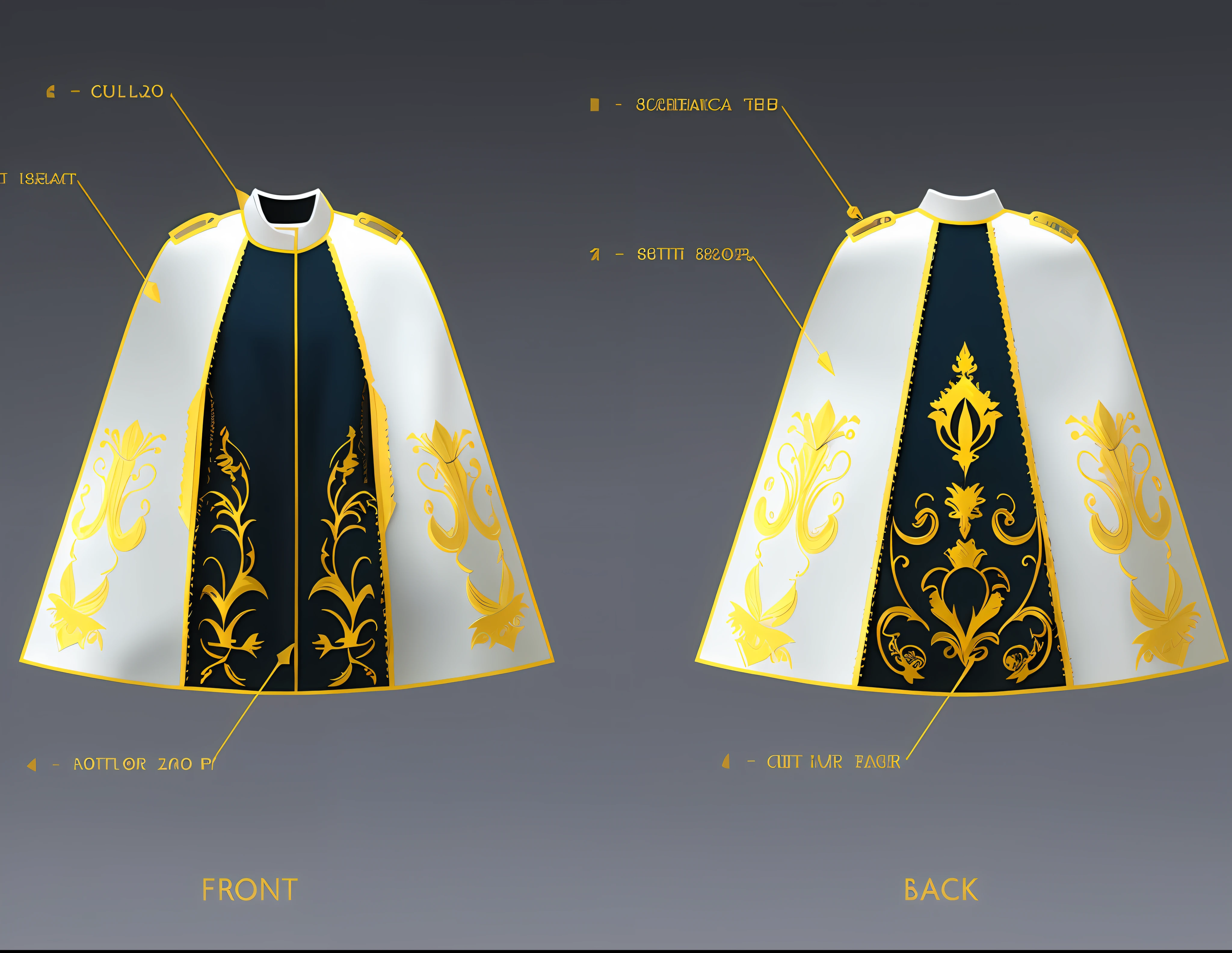 a diagram of a cape with a front and back view, royal cape, high detailed photography cape, ornate cloak, aristocrat cloak, gold and white cloak, intricate costume design, front side views full, cloak. extremely high details, elegant cape, technical sketch, design sheet, front back view and side view, wearing a king's cape, technical drawings --auto --s2