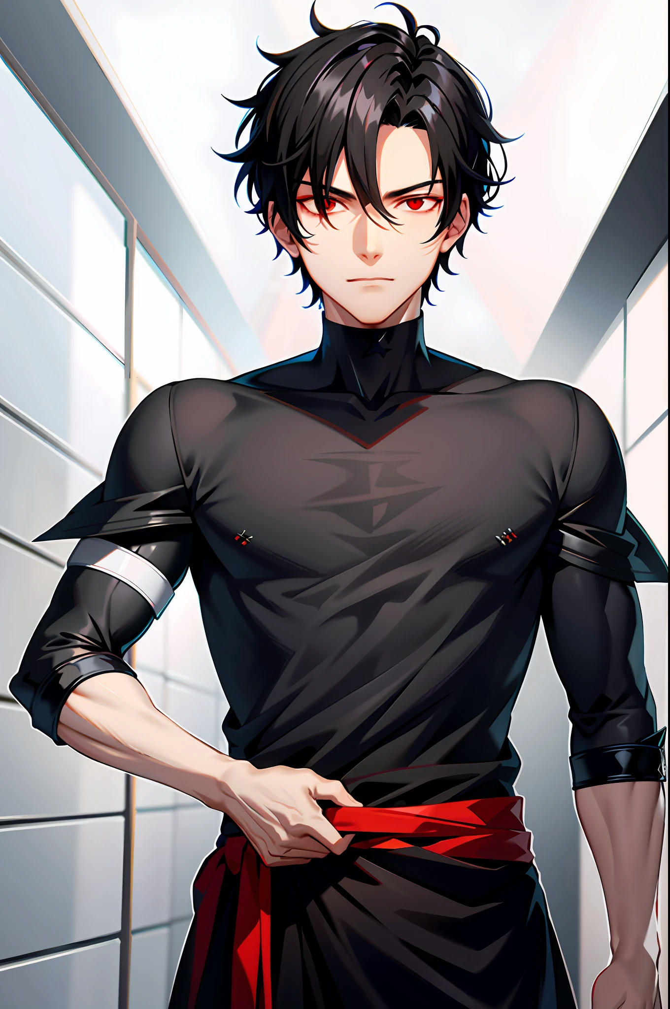Attention on the head, a young man with short and curly black hair, decorated with a black cloth. Detail his face, focus on his calm expression and striking red eyes, ray tracing, polishing, anime