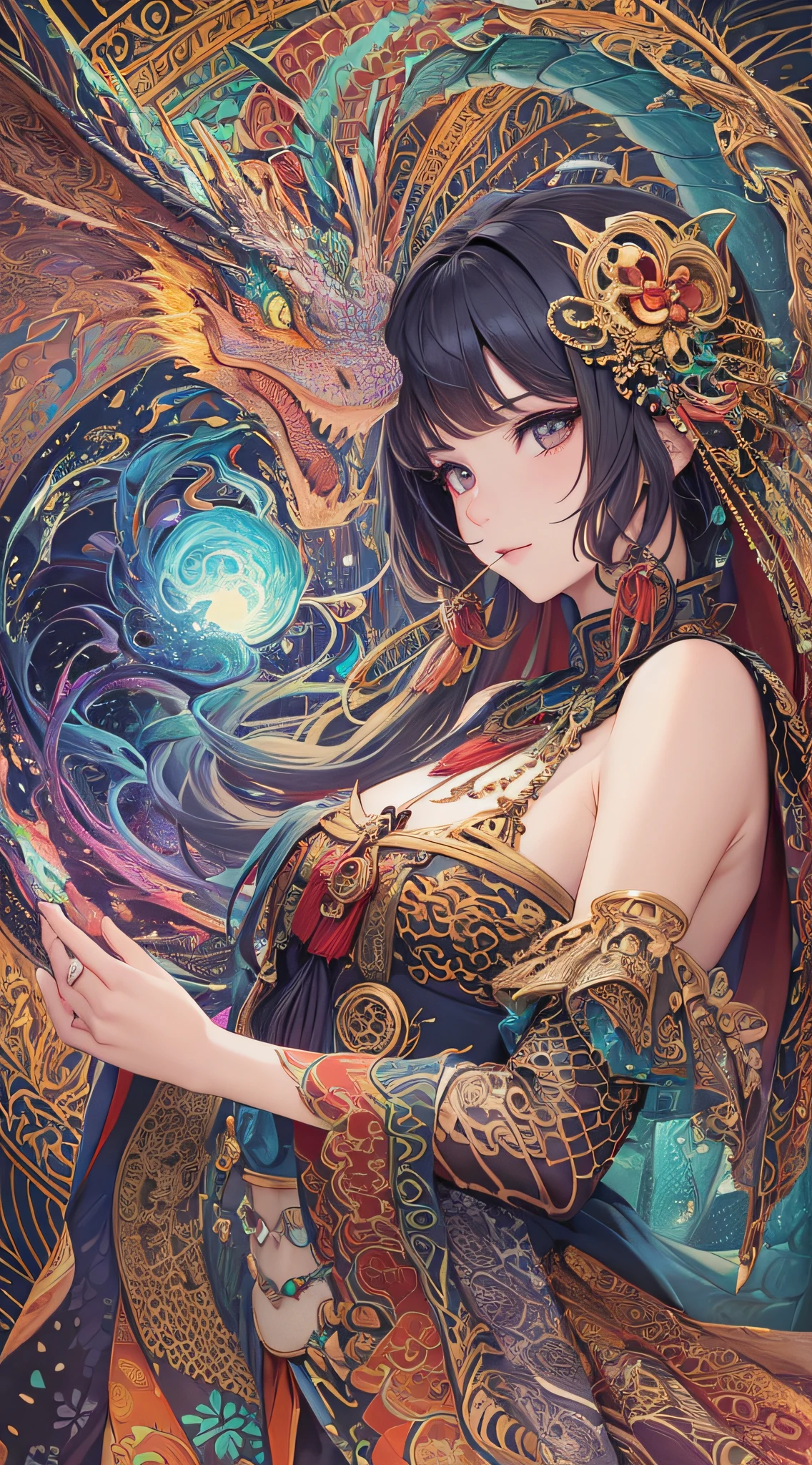 (Masterpiece, Top Quality, Best Quality, Official Art, Beauty and Aesthetics: 1.2), (1girl: 1.3), Very Detailed, (Fractal Art: 1.3), Colorful, Most Detailed, (Zentangle: 1.2), (Dynamic Pose), (Smoke Dragon Background) (Abstract Background: 1.9), (Traditional Clothing: 1.2), (Shiny Skin), (Multiple Colors: 1.4), (Upper Body), (Dragon), (Smoke) --auto --s2
