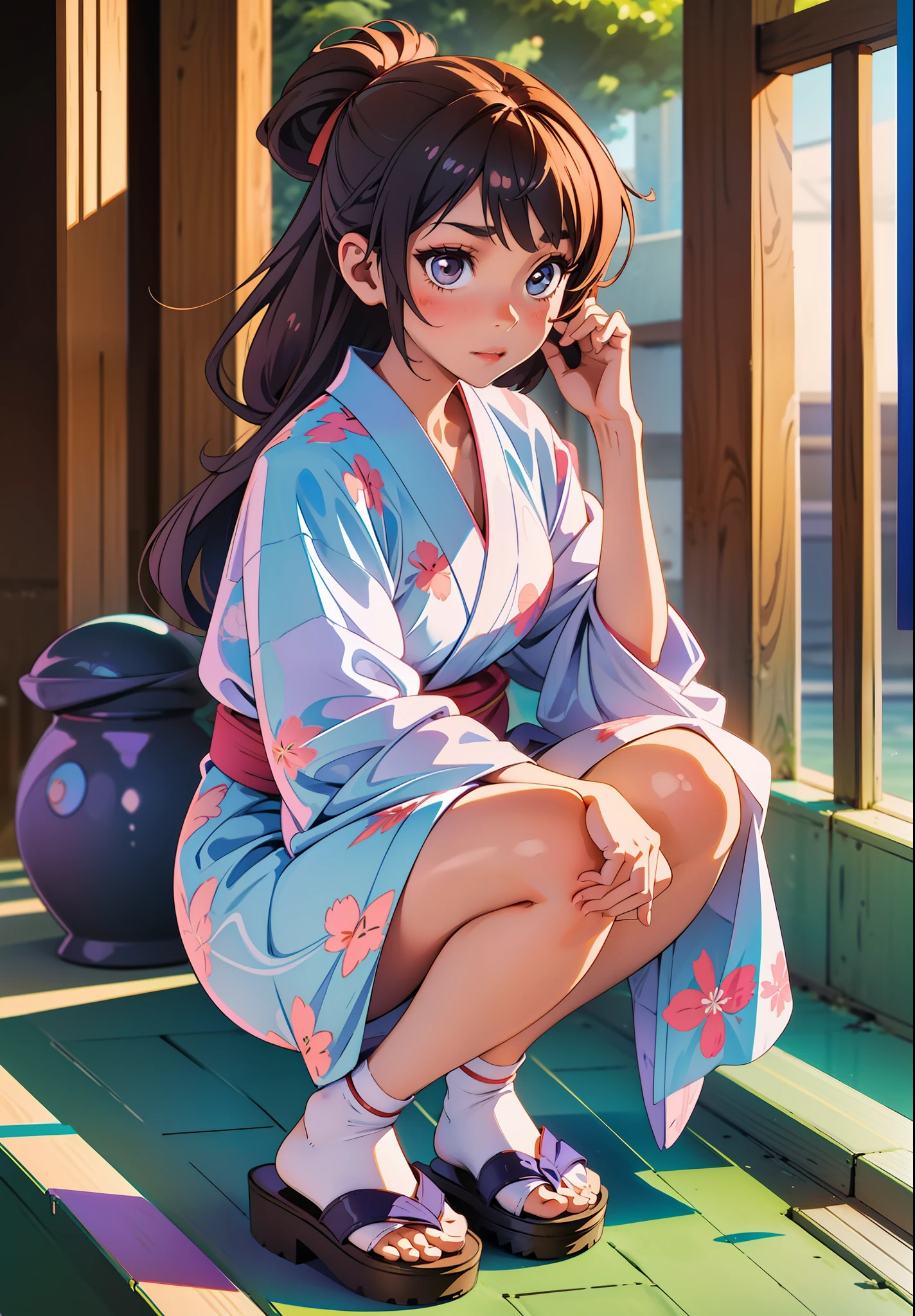 A beautiful girl wearing a short yukata with a white hem is crouching and touching her hair with one hand, looking at the camera, (((background blur))), zori shoes with a nose cord,