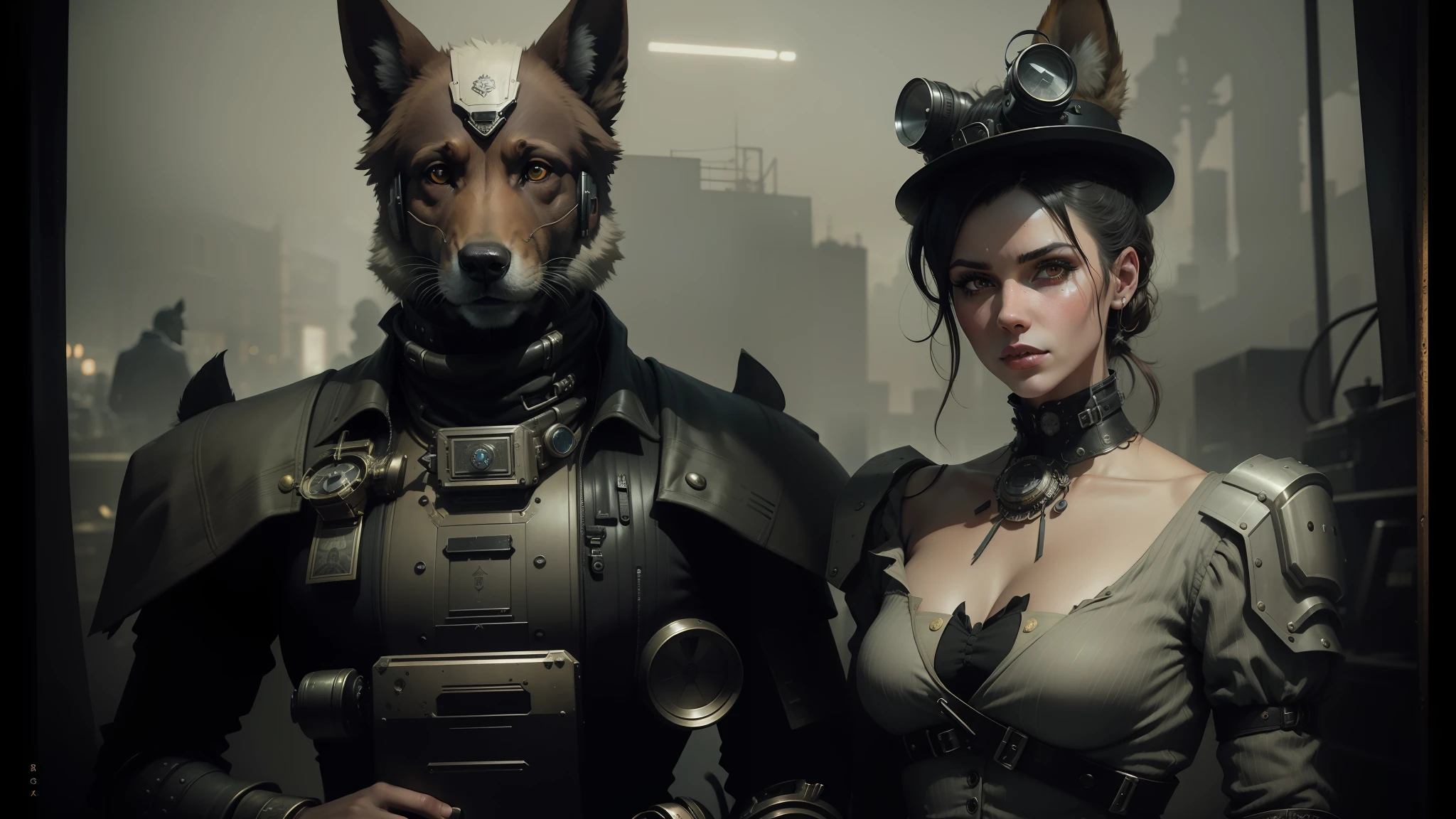 there is a woman and a man with german shepherd heads, cyber steampunk 8 k 3 d, 1 8 0 0 s vintage, juxtapoz, cgsociety ), ambrotype, an anthropomorphic cyberpunk fox, exposed b&w photography, neill blomkamp --auto --s2