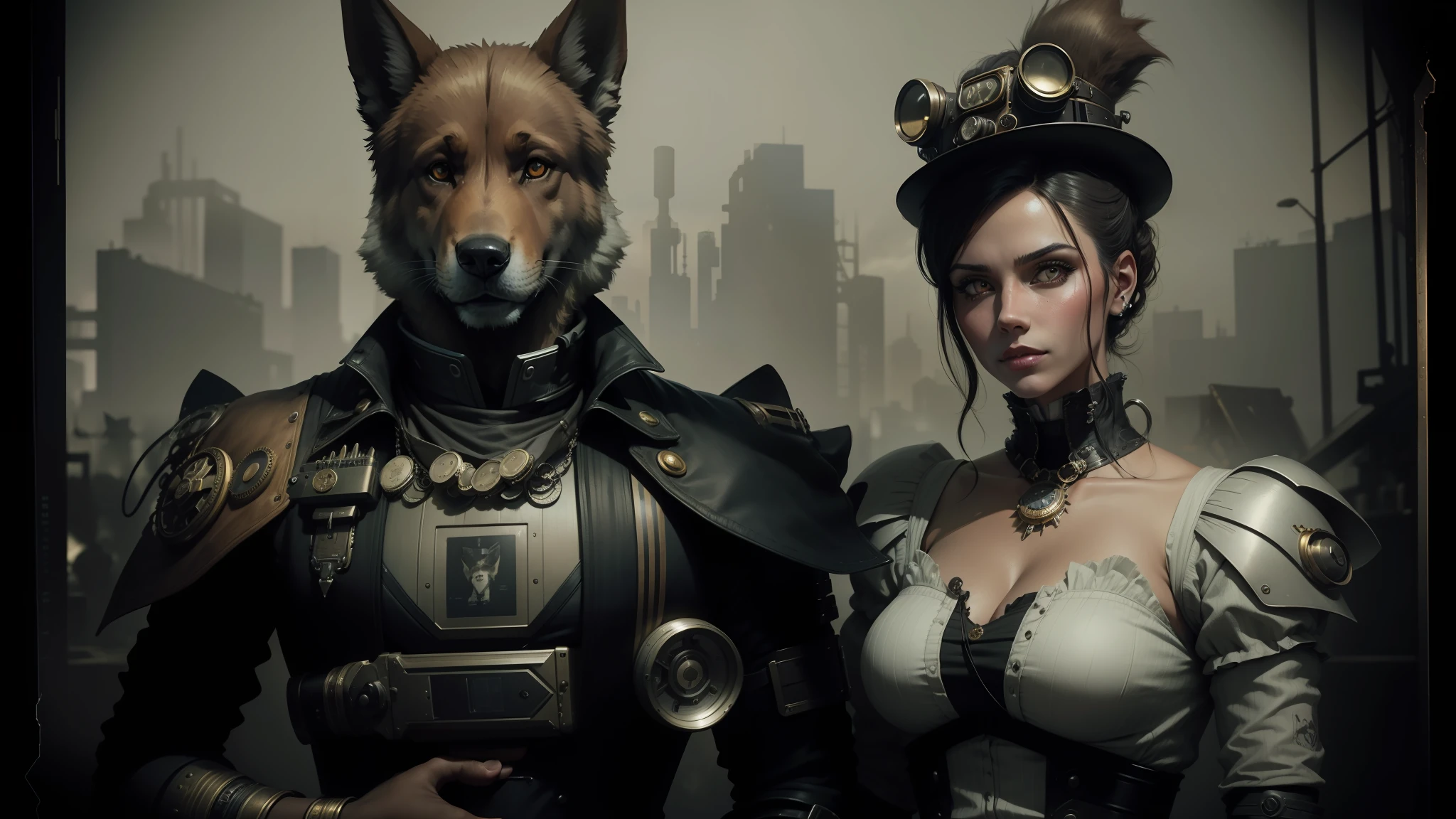 there is a woman and a man with german shepherd heads, cyber steampunk 8 k 3 d, 1 8 0 0 s vintage, juxtapoz, cgsociety ), ambrotype, an anthropomorphic cyberpunk fox, exposed b&w photography, neill blomkamp --auto --s2