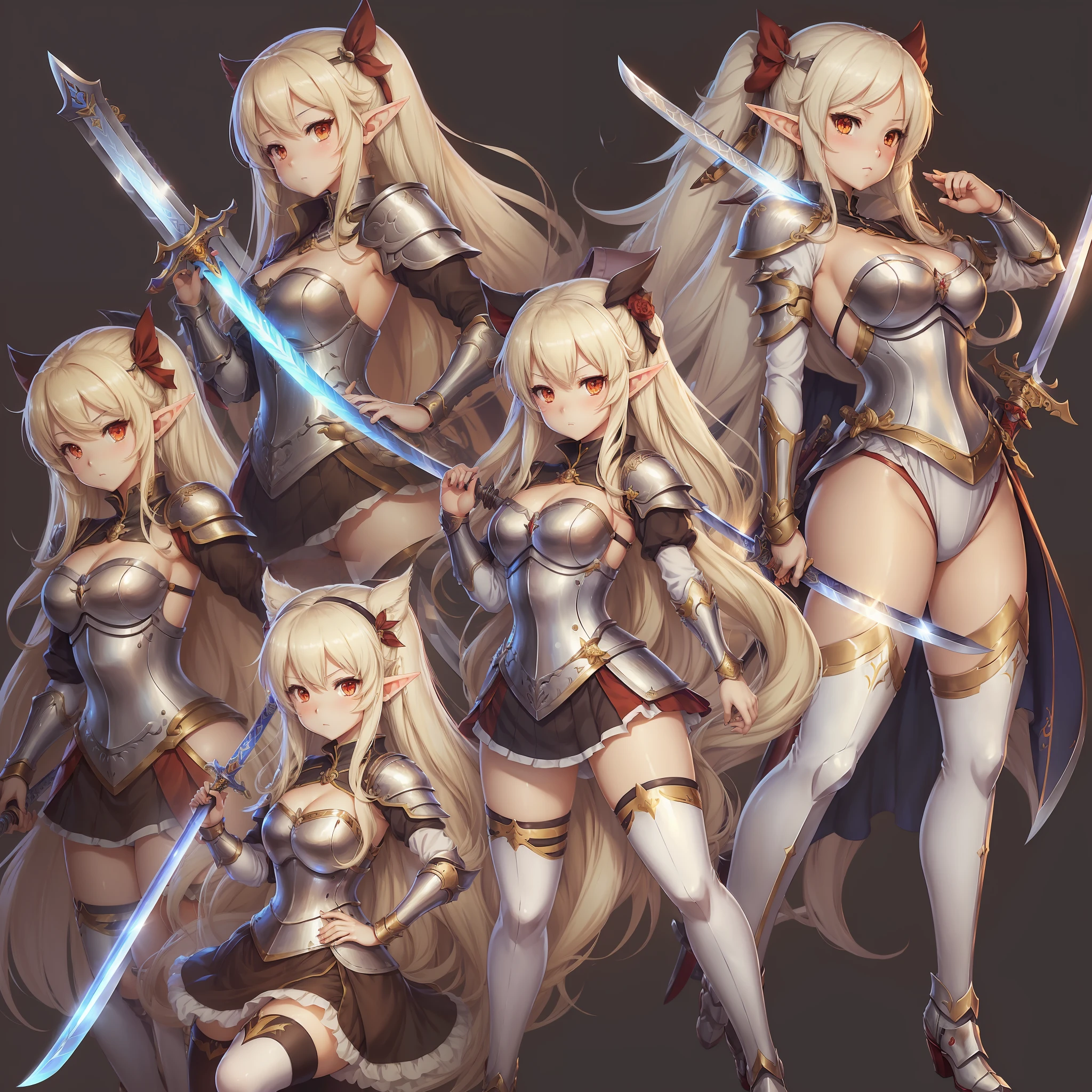 ((Masterpiece)), (highest quality)))), ((Character design sheet, same character, front, side, back), illustration, , Azur Lane character, 1 girl, long hair, pose, female elf, elf ears, Charturne Betala, (simple background, white background: 1.3) blonde, golden hair, red eyes, crimson eyes, tanned skin, brown, ecchi anime style, ecchi, cute anime girls,swordsman,sword,knight,full body,full body figure,character design