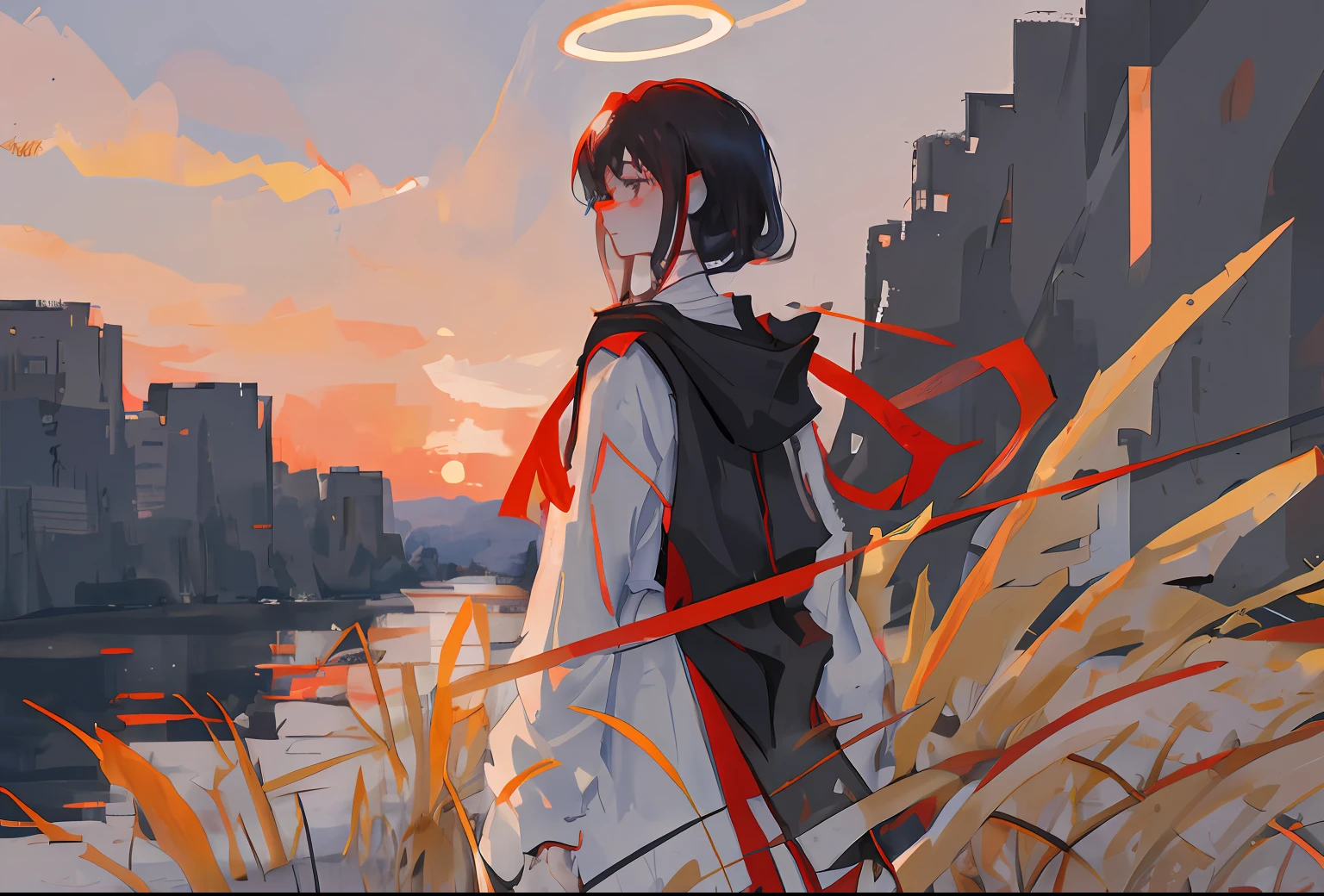 Arabic scenery, red headset, with veiled human woman meditating in profile, with serene and meditative countenance to the horizontally, musical notes, flat and vivid colors