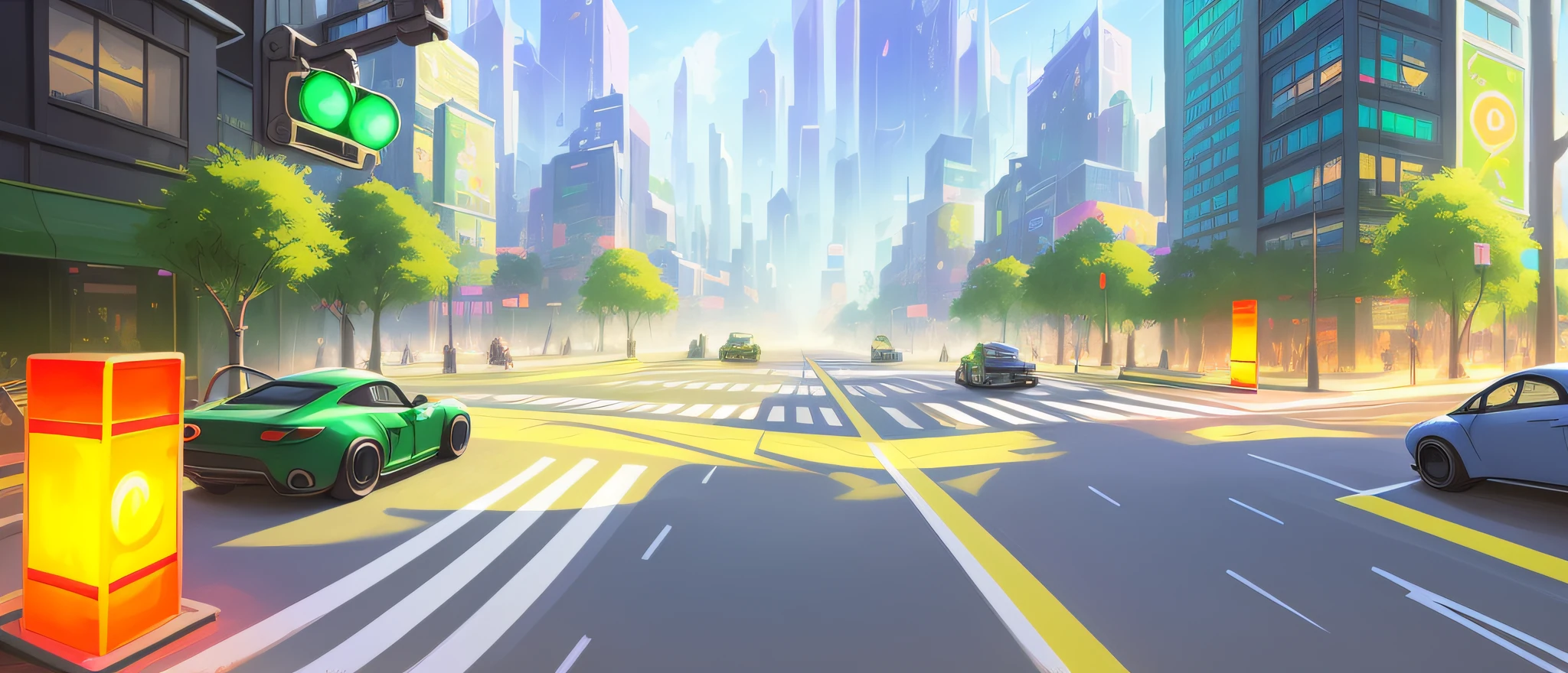 There is a street painting with traffic lights and buildings, Zootopia concept art, anime landscape concept art, urban concept art, stylized concept art, street background, landscape game concept art, environmental painting, video game concept art, visual development, futuristic street, painting concept art, environmental design illustration, concept art style, racing track,