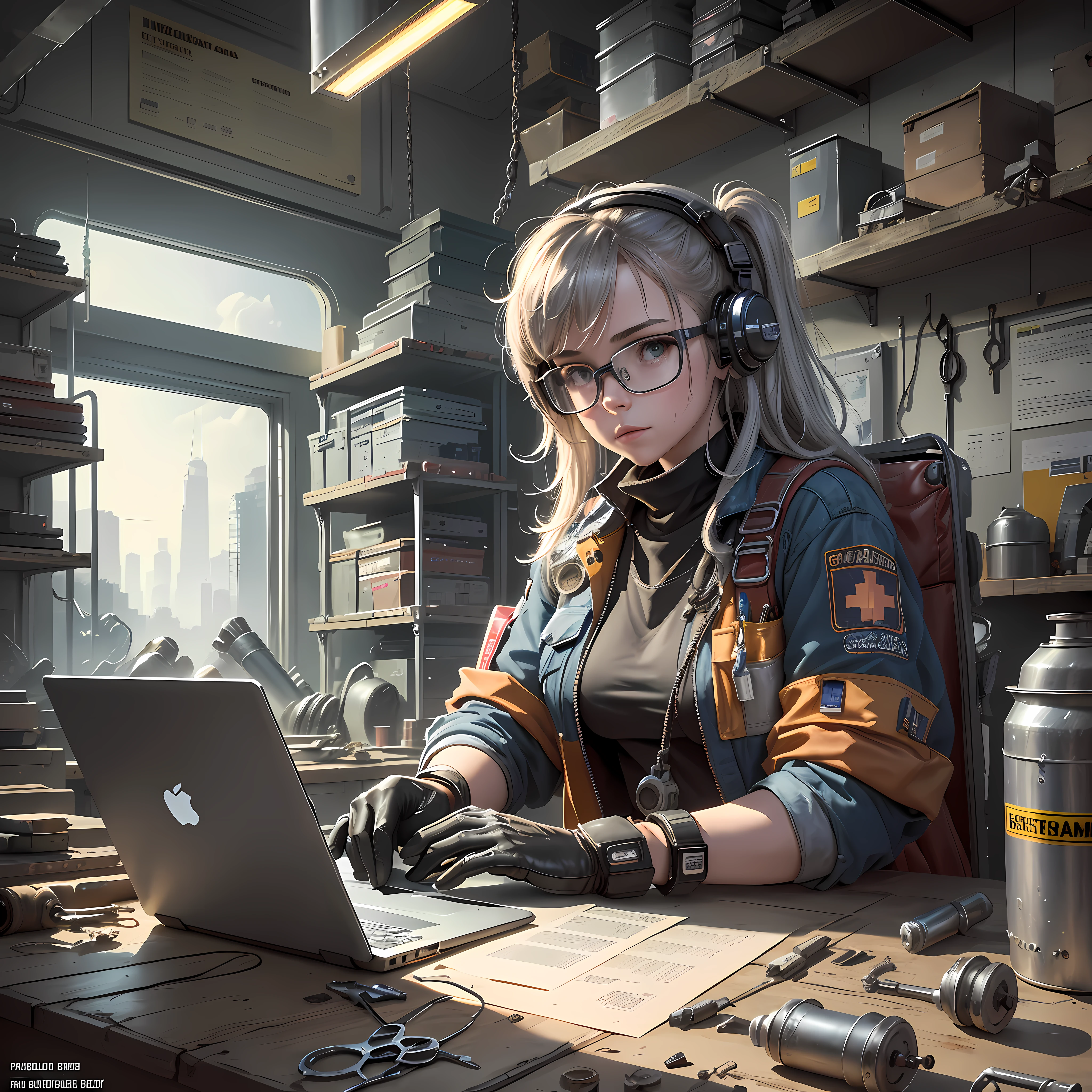 Masterpiece, top-notch quality, ultra-detailed, illustration, 1girl, solo, radiant, reflective, latex, work attire, sitting on a chair looking at laptop screen ,laptop with visible screen displaying programming code, curvaceous, body, seated, intricate, work shoes, cluttered, workspace, technological, high heels, black, red, silver, metallic, gloves, goggles, protective, gear, devices, operating laptop, tools, sparks, dirt, grime, oil, stains, sweat, exhaust, pipes, gauges, dials, buttons, levers, cables, wires, electronic, systems, server racks, crane, pulley, soldering iron, circuit tester, drill, saw, hammer, screwdriver, wrench, pliers, spanner, toolbox, fire extinguisher, first aid kit, ventilation, ducts, light fixtures, emergency exit, warning signs, caution tape, posters, calendar, coffee mug, disorganized, workbench, storage, shelves, bins, lockers, hard hat, safety vest, ear muffs, face shield, respirator, smoke, fumes, debris, concrete floor, concrete walls, metal beams, rivets, bolts, screws, nuts, washers, chains, ropes, hooks, clamps, magnets, bearings, coolants, fluids, solvents, adhesives, lubrication, maintenance, repair, overhaul, upgrade, installation, assembly, fabrication, customization, prototype, research, development, testing, quality control, inspection, certification, compliance, regulation, standard, efficiency, productivity, innovation, excellence, satisfaction, teamwork, dedication, professionalism, empowerment, diversity, equality, respect, safety culture, tech fashion, sci-fi, cyberpunk, dystopian, the girl using laptop, showcasing programming expertise