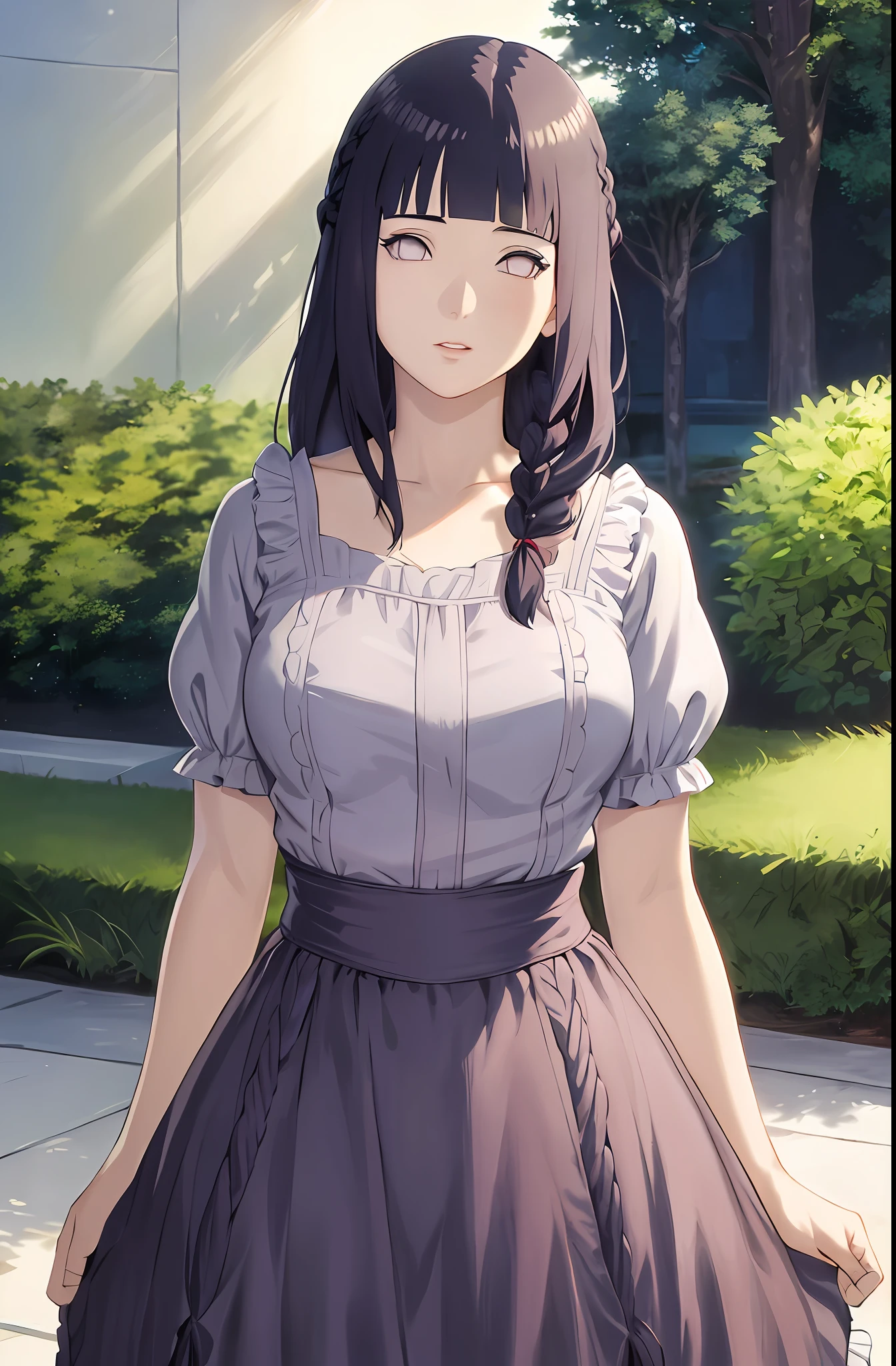 masterpiece, hinata\(boruto\), solo, 1girl,medium breasts, long blue victorian style dress, soft smile, (((braid long hair))),standing, the bodice and the skirt pattern, frill skirt, lace, blink blink effect, (((detailed lips))), cowboy shoot, garden, flowers