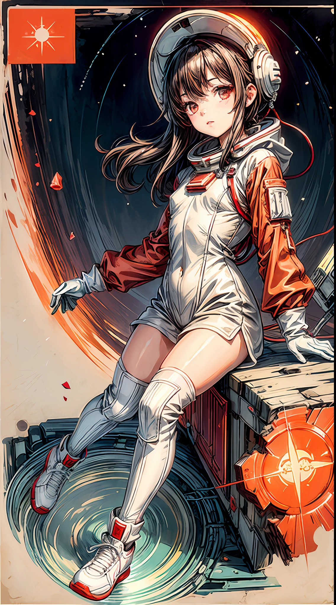 1girl, flat chested, cute, beautiful detailed eyes, shiny hair, visible through the hair, hair between the eyes, CCCPposter, sovietposter, red monochrome, Soviet poster, USSR, communism, black hair, red eyes, vampire ,girl,small breasts,spacesuit:Orange_clothing_body:jumpsuit ), white_gloves, white_space shoes, white_helmet, CCCP scarlet letters on the top of the helmet, weightlessness, Side light, reflection, the person in the spacesuit is at the bottom left of the picture, right hand outstretched, right hand Gently touch the Salyut space station), the space station in the upper right corner of the screen, the reflected light of the sun, silver metal, red flag, brilliance, Soviet style, diffuse reflection, metal texture, blue earth in the distance, mech style, star sea, high-profile, majestic