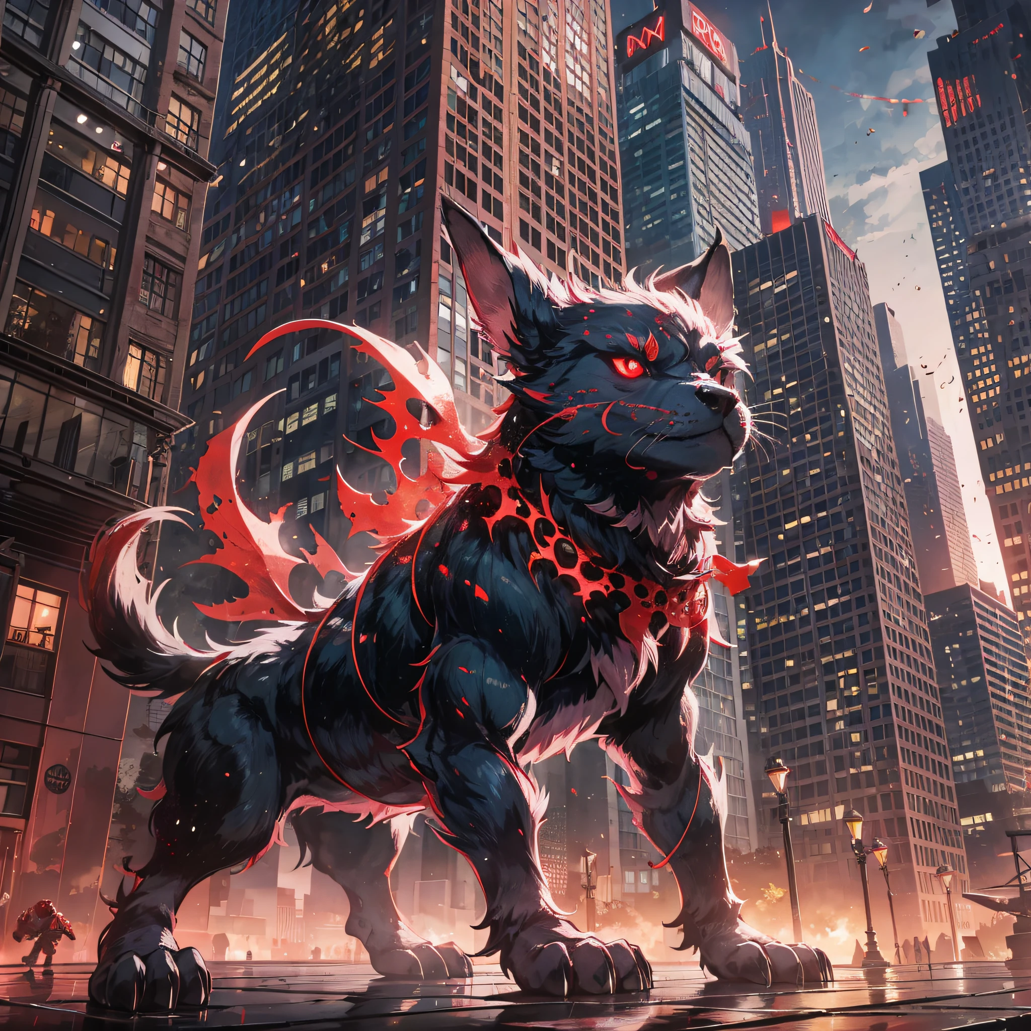 Blood Moon, the city, many small monsters, high-rise buildings that destroy the city, demon dogs
