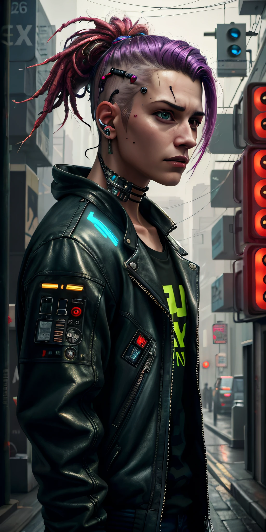 (Photorealistic:1.4), (Best Quality:1.0), (Ultra HD:1.0), 8K, RAW Photography, (Masterpiece:0.2), Portrait, (from Side:0.6), Machine Parts, Cybernetic,Man, Male, Jacket with Cyberpunk Gadgets, (Cyberpunk Street:1.2), Detailed Liquitex Illustration