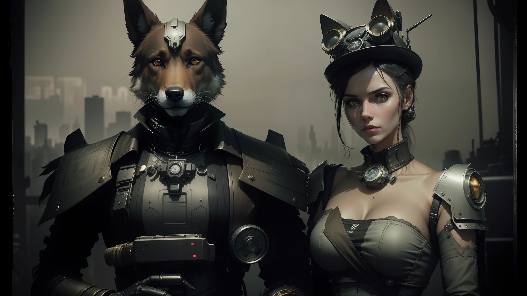 there is a woman and a robot with a mechanical german shepherd head, cyber steampunk 8 k 3 d, 1 8 0 0 s vintage, juxtapoz, cgsociety ), ambrotype, an anthropomorphic cyberpunk fox, exposed b&w photography, neill blomkamp --auto --s2