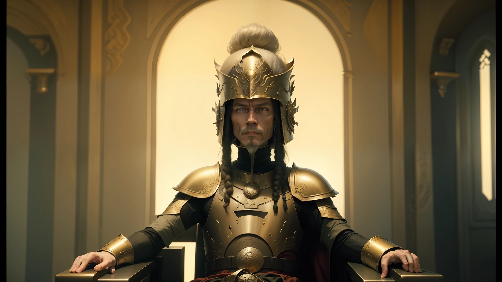 there is a man in a helmet and armor sitting in a chair, film still from dune 2020, monkey king, by Władysław Podkowiński, portrait of albino mystic, valerian, 2015 cinematography, boneface, high hat, el dorado, silver, arabian samurai, cinema --auto --s2