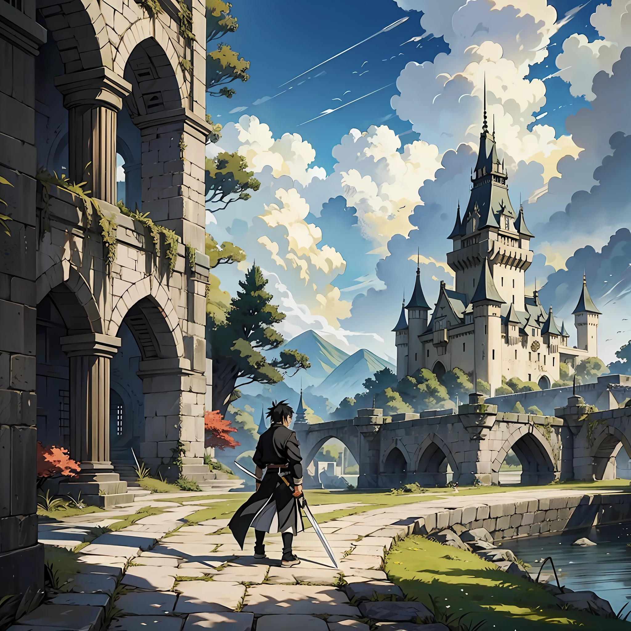 Ishigo in the universe of Black Clover with his Bankai sword fighting Aizen, in the background a green landscape and next to it more in the background a castle, in addition to which the landscape is a little cloudy and it looks like Ishigo has the advantage in the fight.