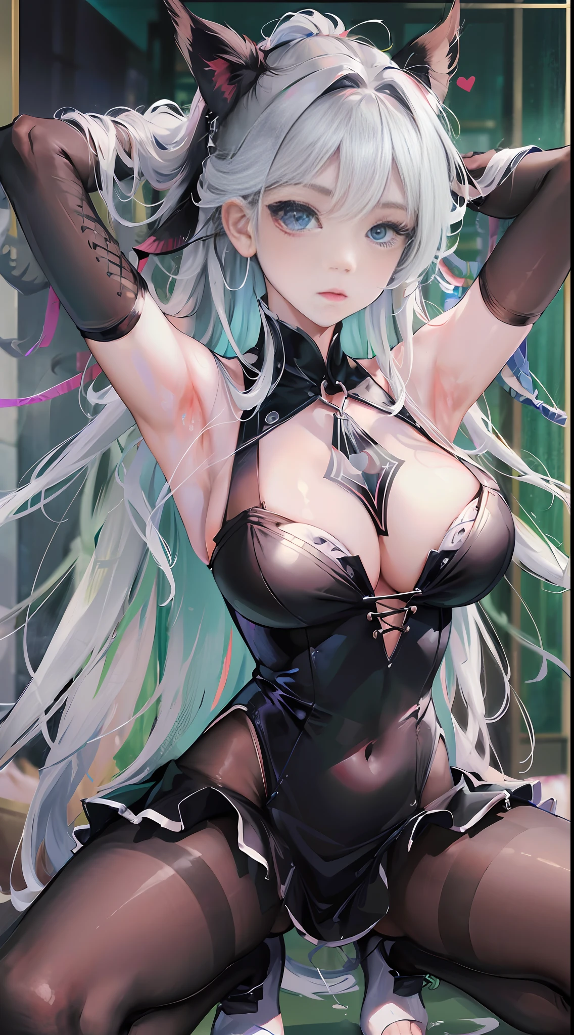 full body,(spread legs:1.5),(arms behind head:1.5),look at viewer,shiny skin,shiny pantyhose,beautiful face,Symmetrical face,natural face,highly detailed,official art, extremely detailed CG unity 8k wallpaper,best quality,((masterpiece)),absurdres,8k resolution,photorealistic,(Detailed eyes1.2),absurdres, incredibly absurdres, huge filesize,ultra-detailed, extremely detailed, beautiful detailed girl, extremely detailed eyes and face, beautiful detailed eyes, light on face,1girl,solo,kawaii,bare_shoulders,(chemise:1.2),microskirt,((black pantyhose)),(black legwear:1.2),heart in eye,long hair,(white hair:1.2),streaked hair,messy_hair,huge breasts,hair_bow,collar