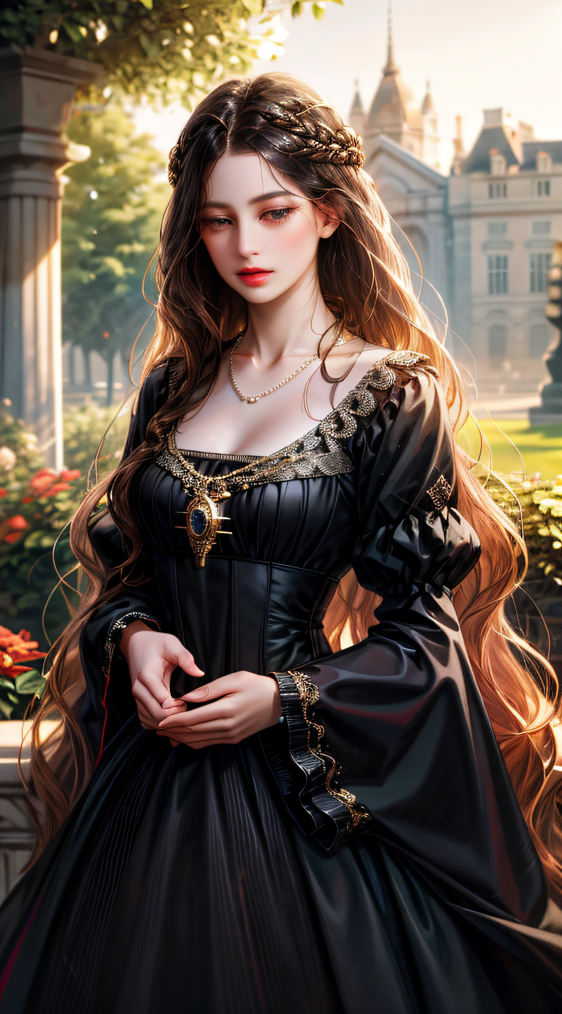 (absurdres, highres, ultra detailed), 1girl, solo, mature, (very long hair, black hair), Baroque, Necklace, long dress, long sleeve, elegant, colorful, highest detailed, upper body, outdoors, garden