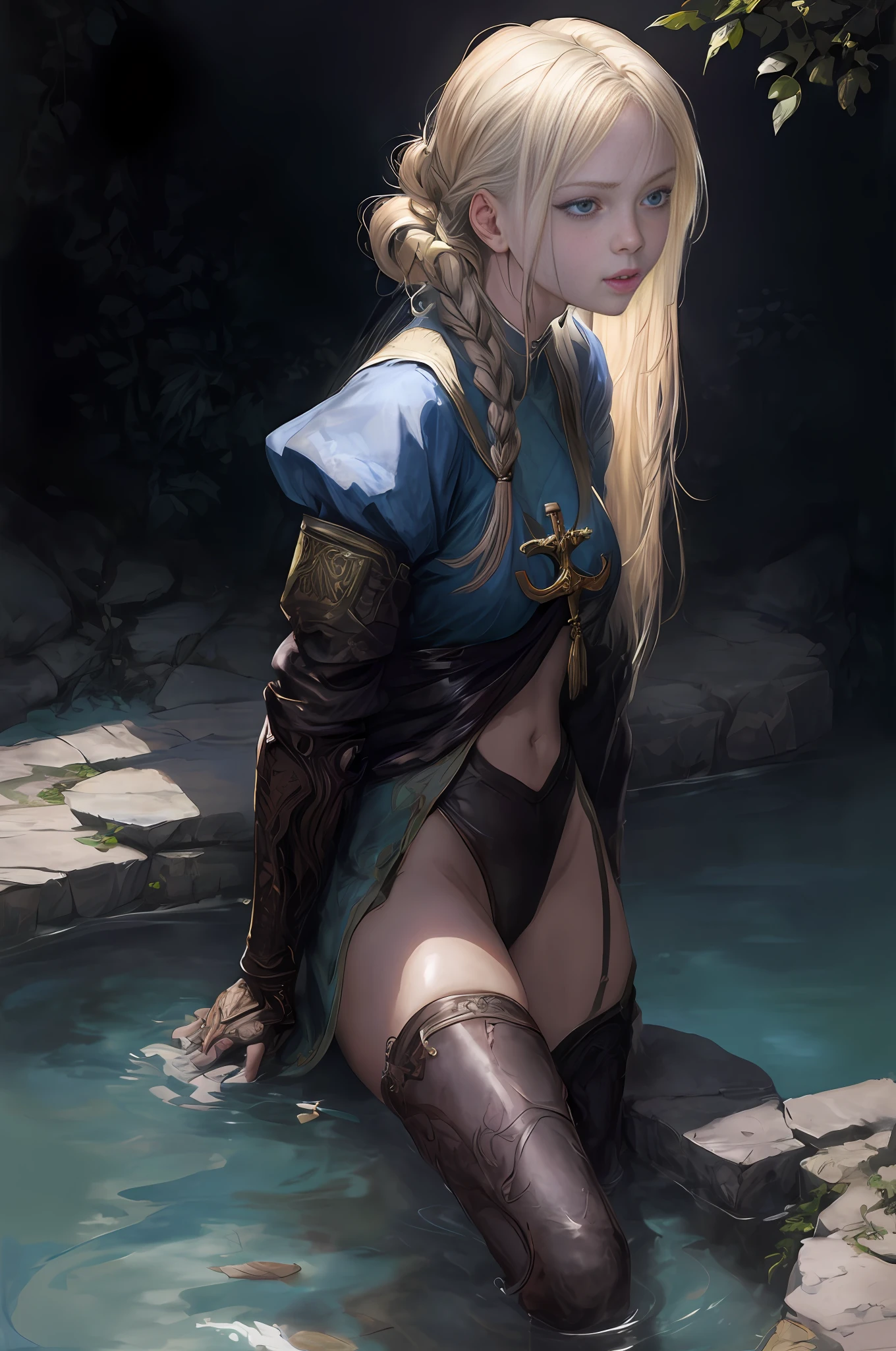 masterpiece, realistic, realism, photorealism, high contrast, photorealistic digital art trending on Artstation 8k HD high definition detailed realistic, young beautiful woman, ite, very small perky breasts, ((blue eyes)), blonde knee long hair, tight white boots, white knee high socks, (no head gear:1.5), ((priestess)), parted lips, art by artgerm and ruan jia and greg rutkowski surreal painting, detailed, skin texture, hyper-detailed, realistic skin texture, side view, garden, lying in a hot spring, head down, drenched