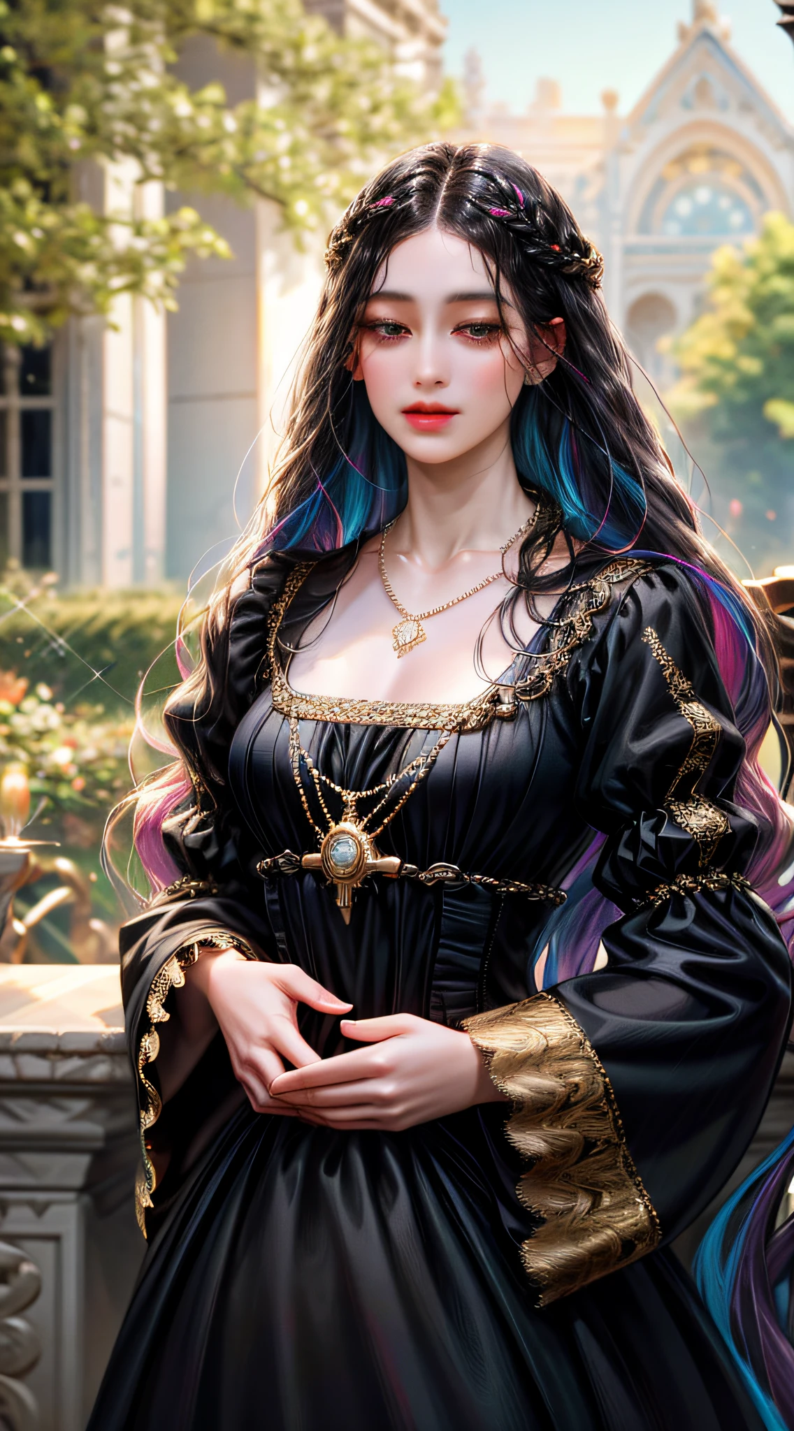 (absurdres, highres, ultra detailed), 1girl, solo, mature, (very long hair, black hair), Baroque, Necklace, long dress, long sleeve, elegant, colorful, highest detailed, upper body, outdoors, garden
