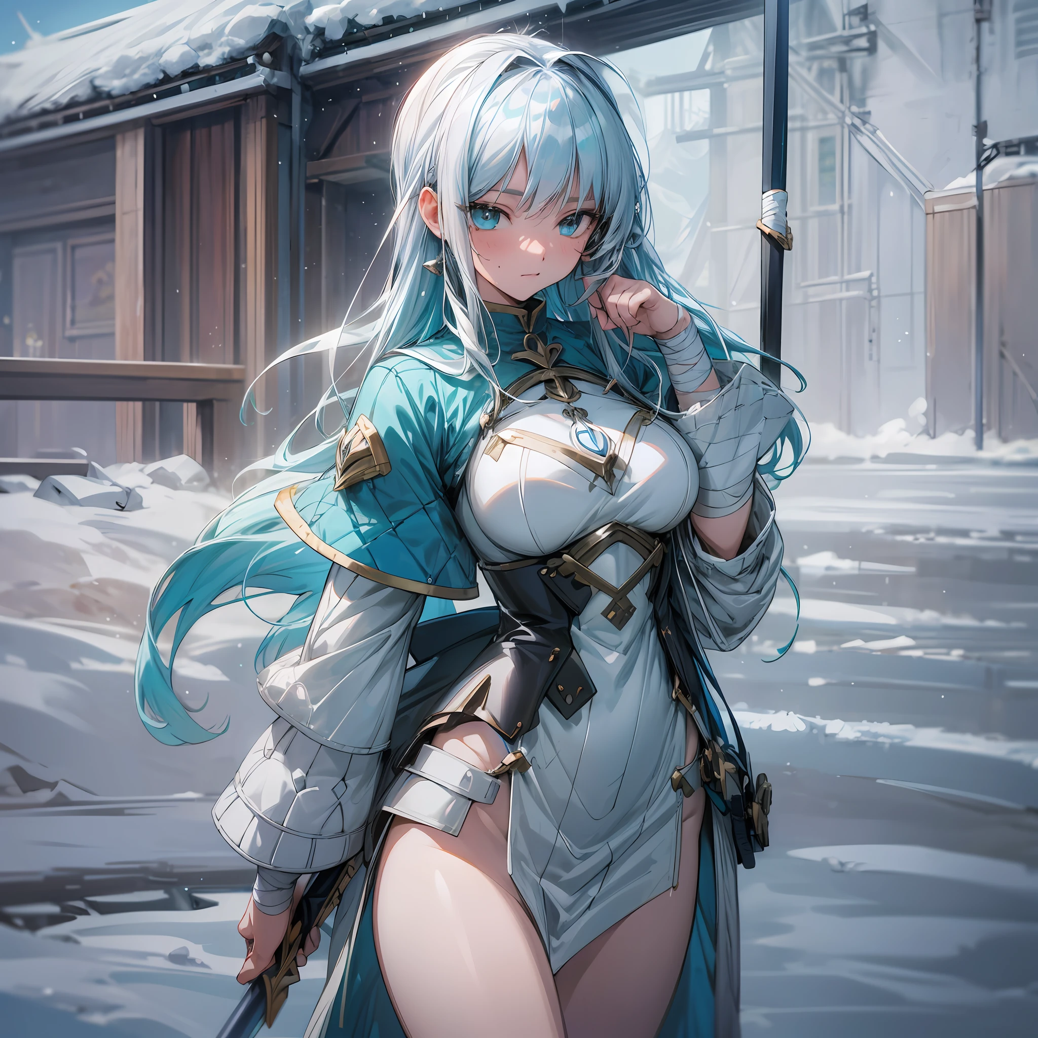 Anime swordsman, a girl with a perfect body and long legs, standing in front of a huge snow scene, realistic and ultra-detailed portrait style, realistic and ultra-detailed rendering, white and cyan, light silver and silver myth, fantasy and romantic composition—— ar 20:10 --niji 5, light blue hair, bandage on, mole under eye, dilated pupils, gradient eyes, jitome, torogao, close-up, high detail, Surrealism, f/1.8, high detail, depth of field, 8k, highres, textured skin --auto --s2
