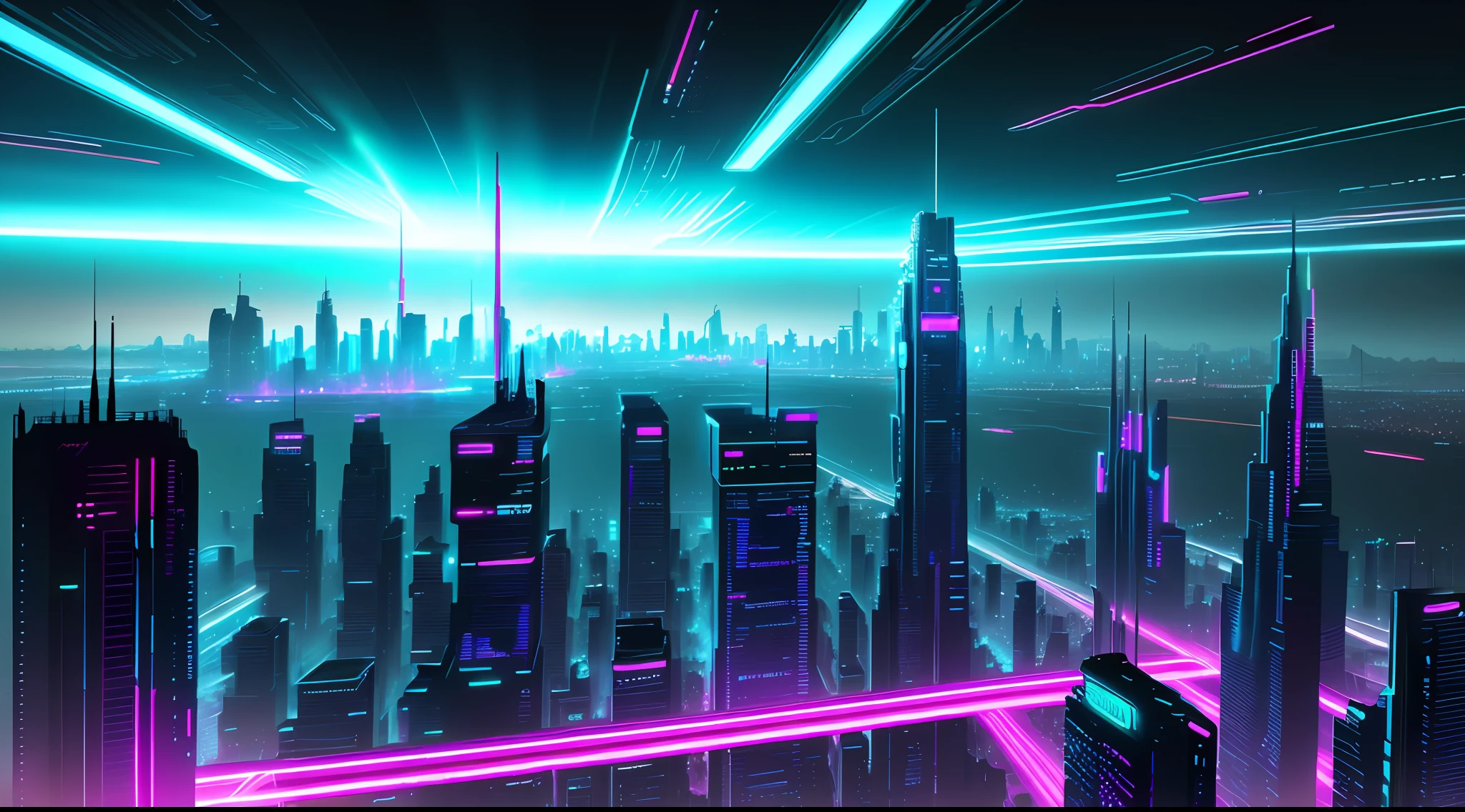 A big futurist city in cyberpunk style, neon, ultra wide view