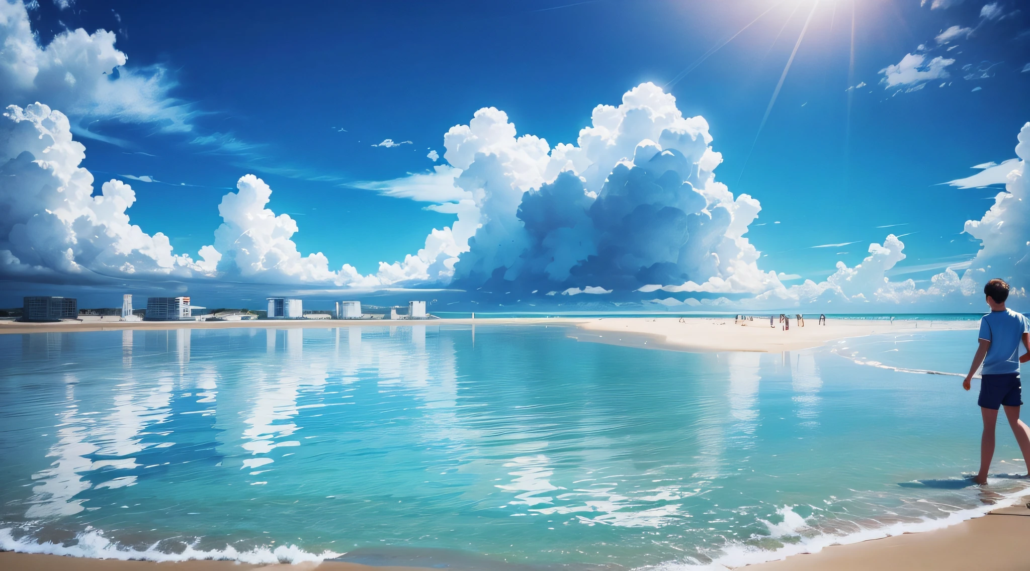 Blue sea, water, reflection, blue sky and white clouds, wide sea, two young people singing happily --auto --s2