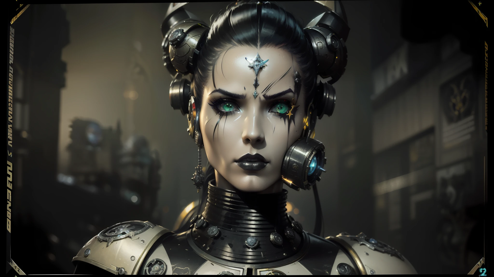 arafed woman with a futuristic look and hair style, movie still of a villain cyborg, bastien lecouffe - deharme, 120mm black and white photograph, circuitry, shot on anamorphic lenses, portrait featured on unsplash, luis royo and alex ebel, trending in cgsociety, ( ( ( ( ( warhammer 4 0 k --auto --s2