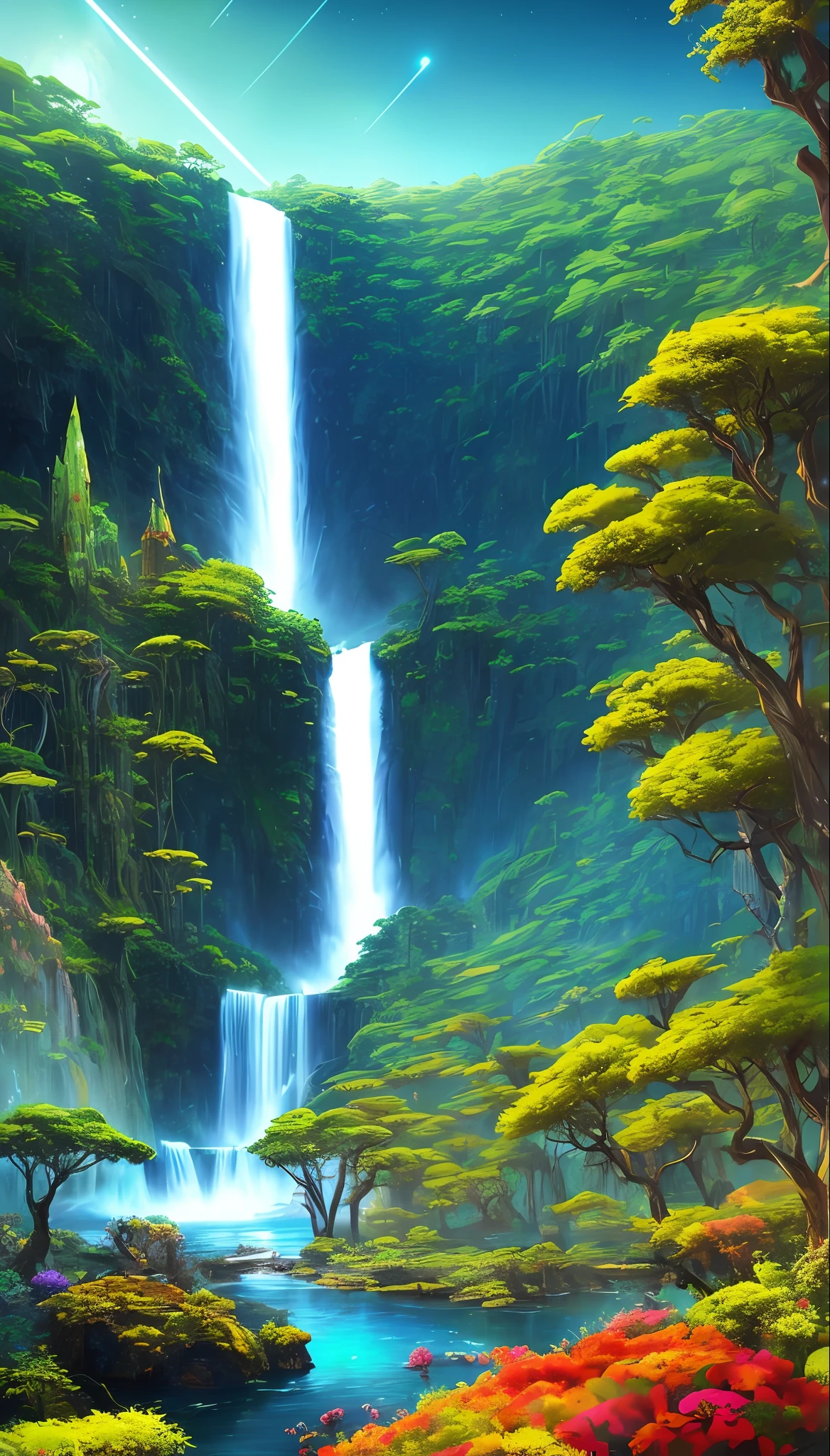 beautiful Alien landscape full of lots of vegetation, beautiful hyper detailed colorful plants, with a beautiful waterfall in the spectacular background, the galactic sky full of stars, epic concept art, by greg rutkowski and albert bierstadt, trending on artstation, hyper detailed, octane render, no man sky style, vibrant vivid colors, fantasy art, oil painting
