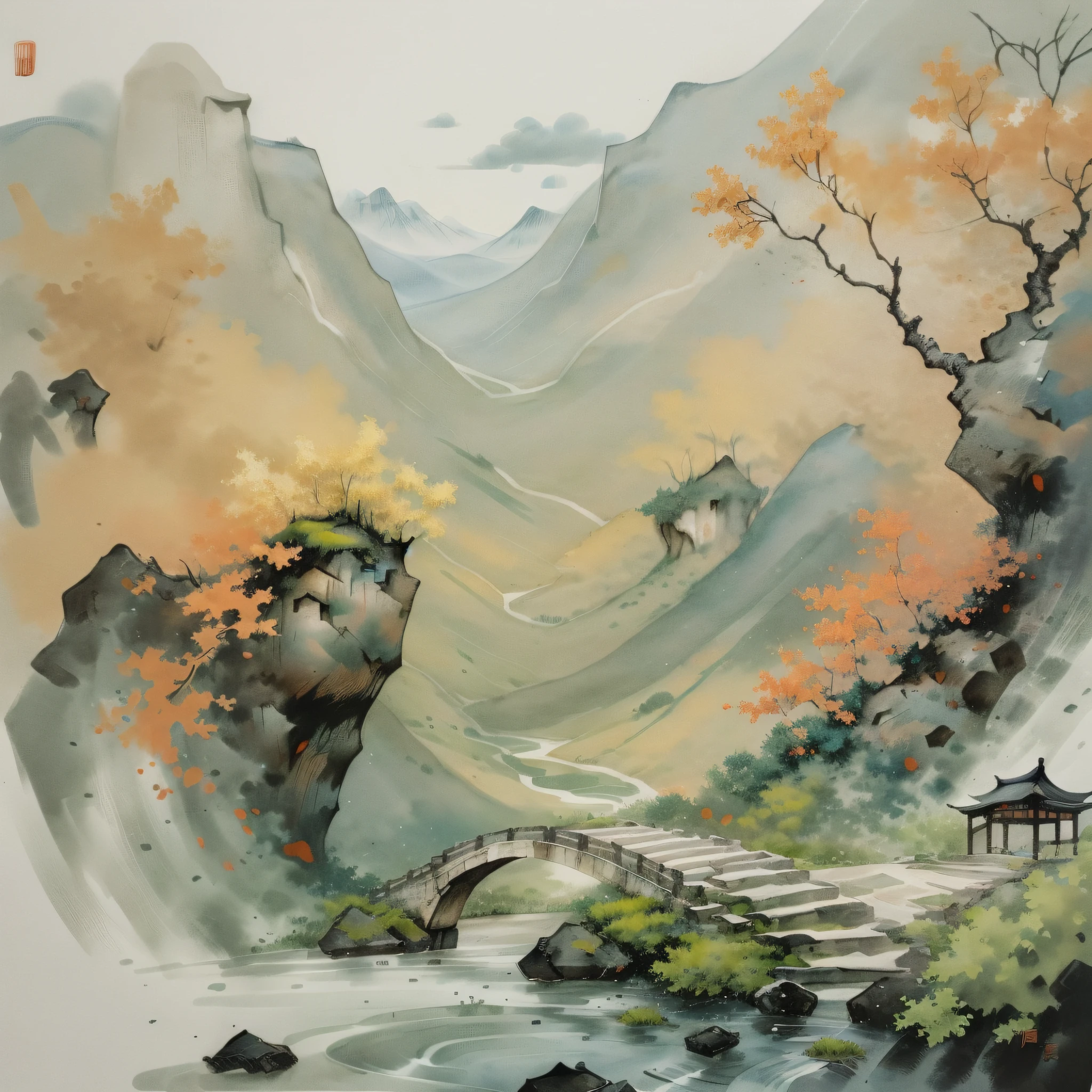 Ink landscape painting (Chinese painting, mountains in the distance, waterfalls in the distance, stone bridges in the distance, bamboo forests nearby, birds in the sky) --auto --s2