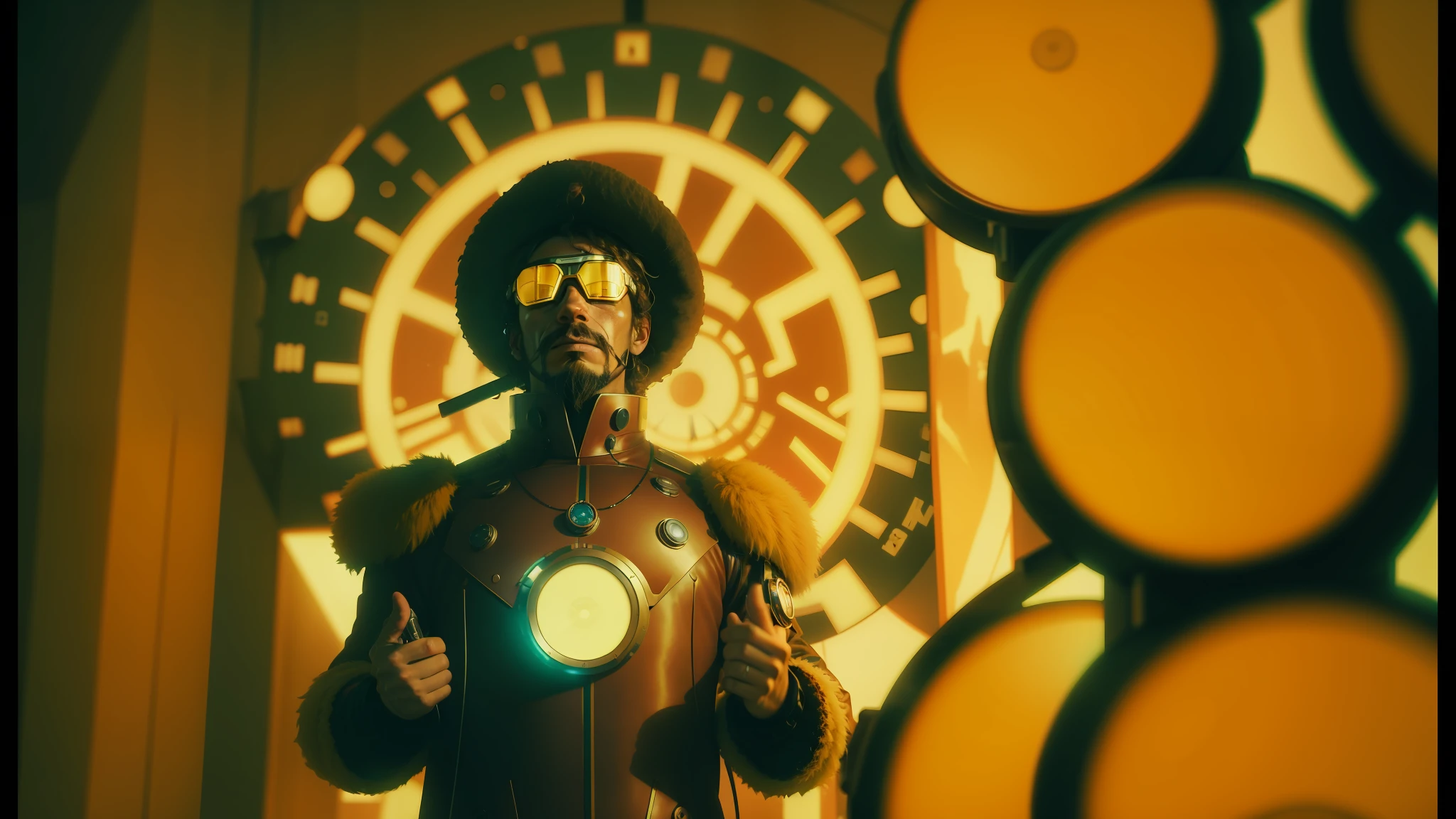 there is a man with a weird hat and goggles standing in front of a clock, psychedelic hip-hop, cinematic colour grading, still from a music video, by Erwin Bowien, portrait of iron man, sixties, 2019, synthetic fur, ben askren --auto --s2