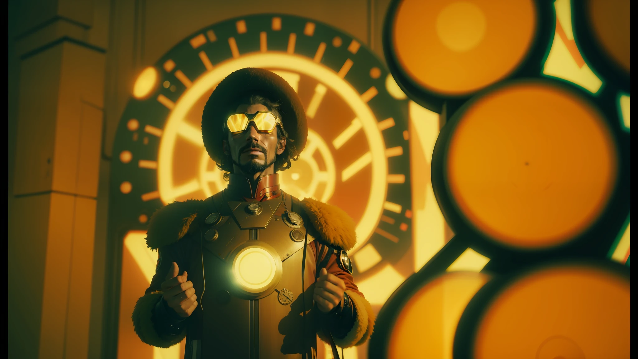 there is a man with a weird hat and goggles standing in front of a clock, psychedelic hip-hop, cinematic colour grading, still from a music video, by Erwin Bowien, portrait of iron man, sixties, 2019, synthetic fur, ben askren --auto --s2