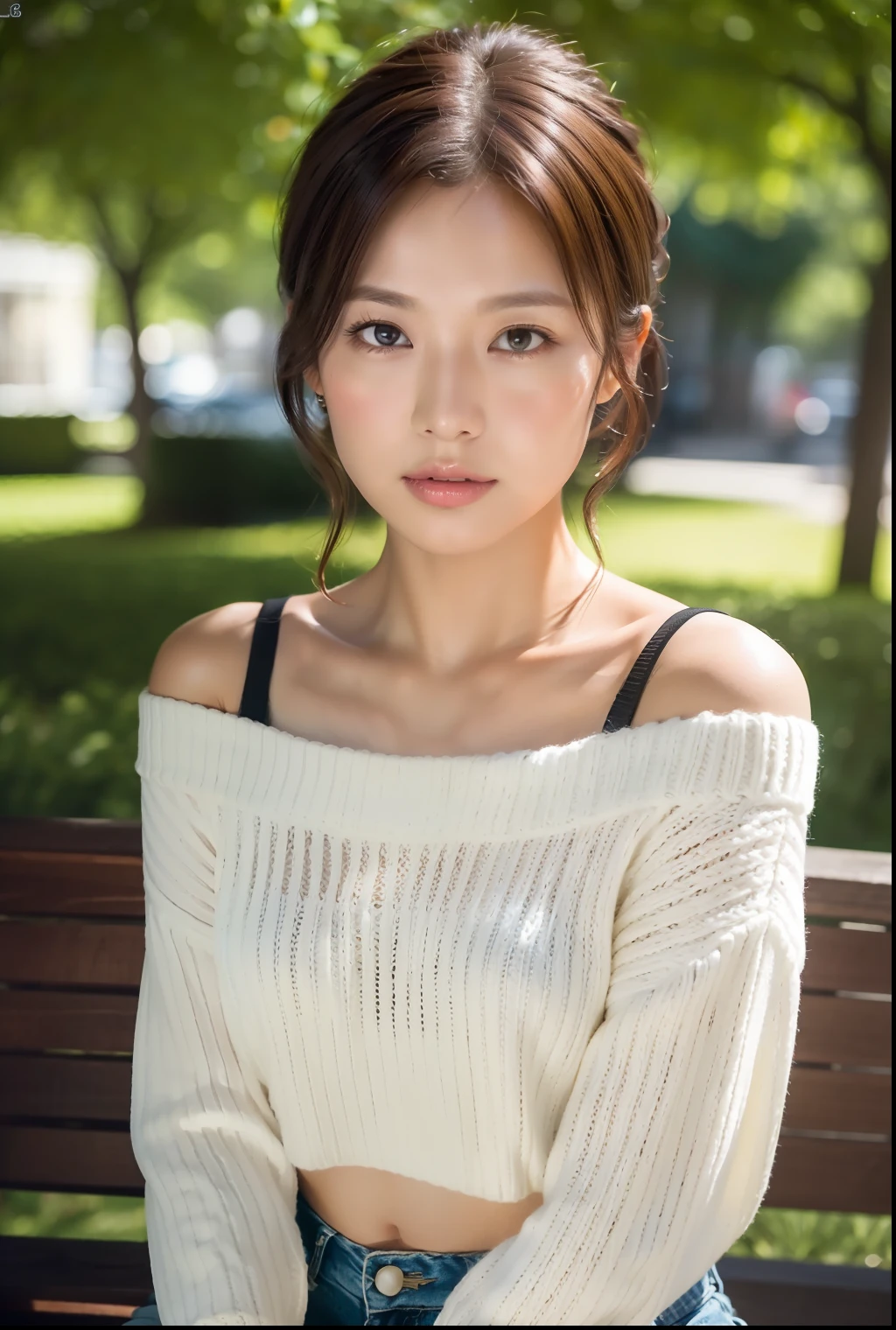 ((Best Quality, 8k, Sharp Focus, 35mm Lens, Masterpiece: 1.2, Natural Light, Ultimate Girl, Highly Detailed Facial Textures)), (Shoulder Knit Sweater), (hot pants), (Park: 1.2 )), highly detailed facial textures, detailed beauty makeup, double eyelids, ultra-detailed skin, navel, Squinting , medium hair, scrunchie, looking at viewer,
