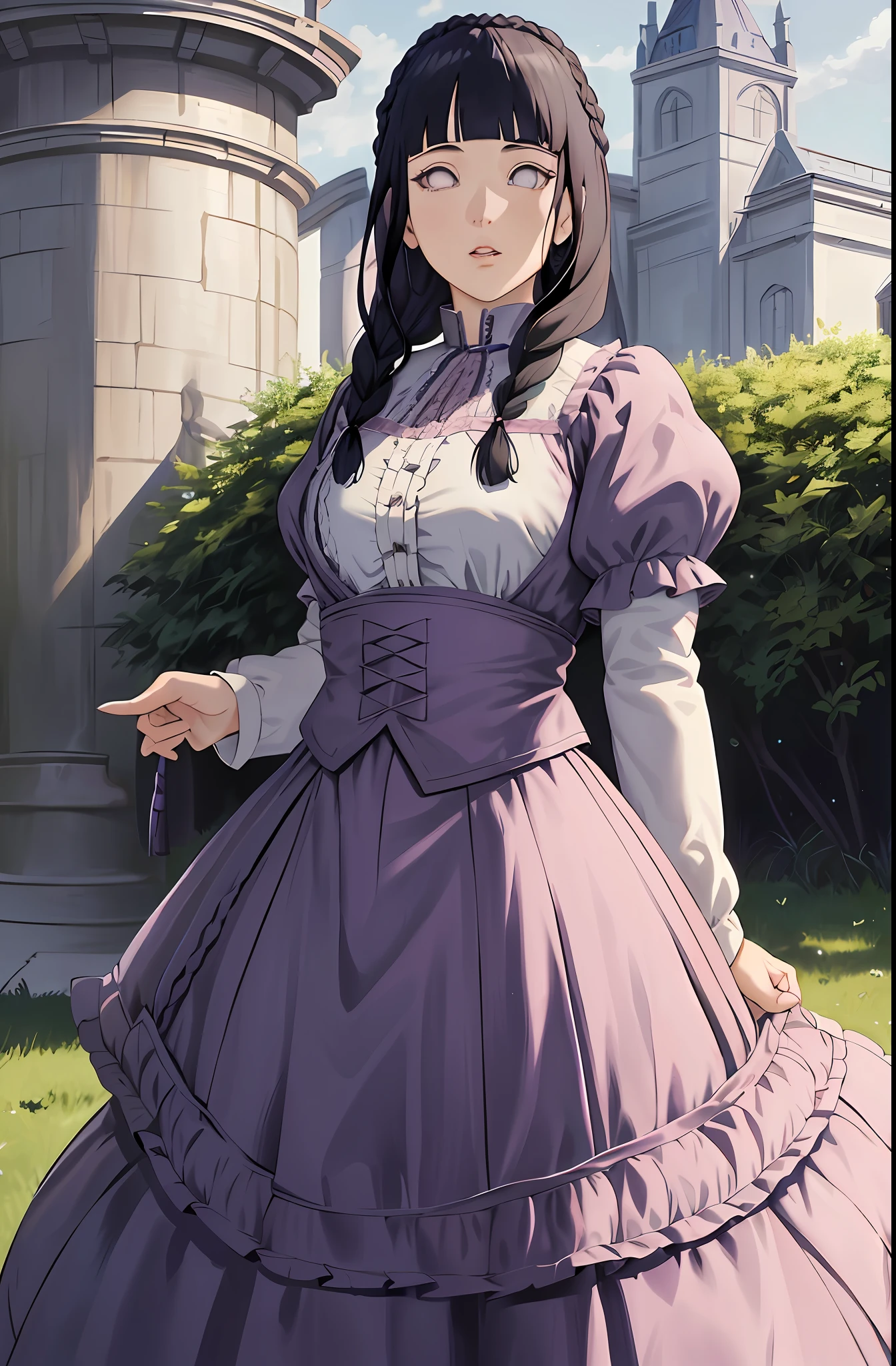 masterpiece, hinata\(boruto\), solo, 1girl,medium breasts, long blue victorian style dress, soft smile, (((braid long hair))),standing, the bodice and the skirt pattern, frill skirt, lace, blink blink effect, (((detailed lips))), cowboy shoot, garden, flowers