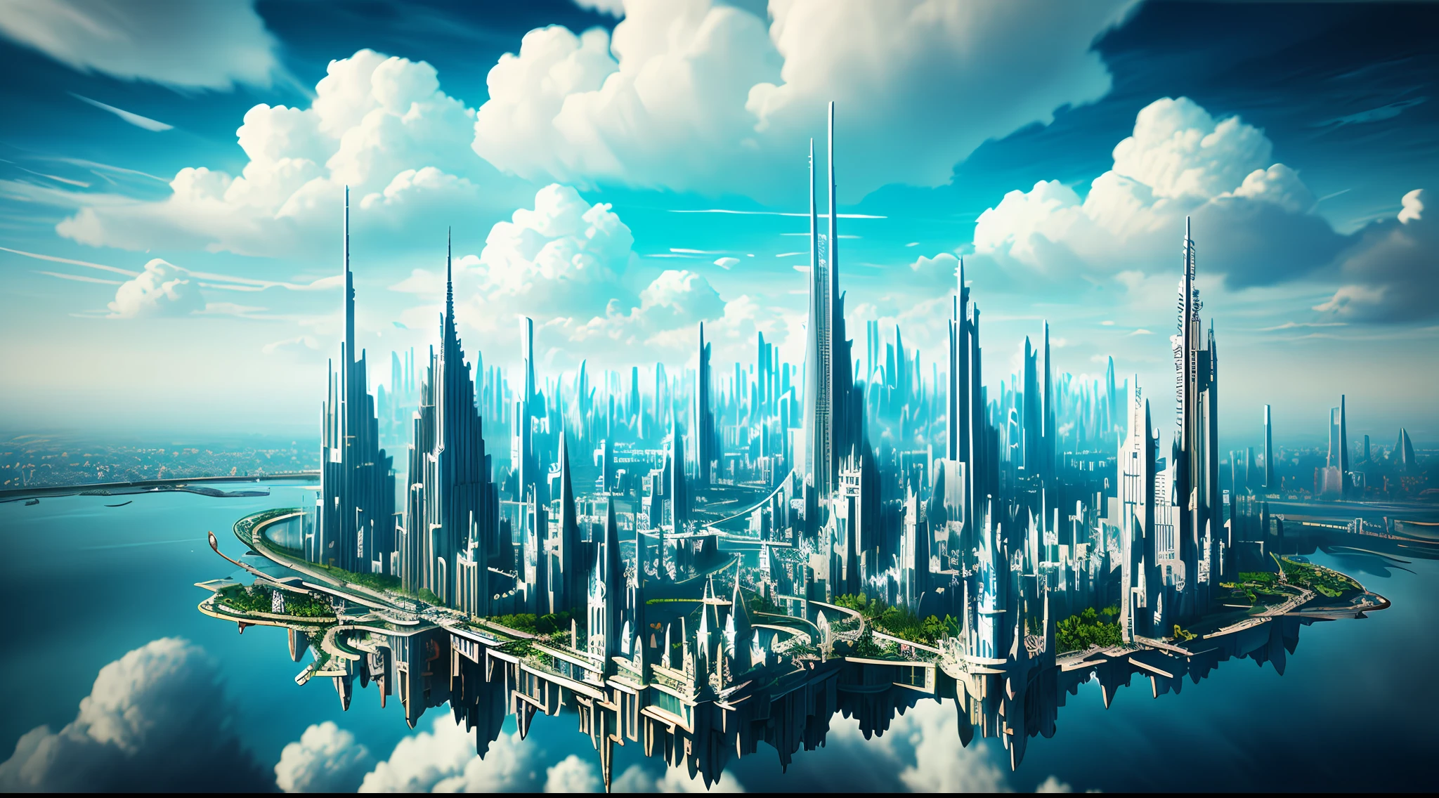 A fantasy floating city, surrounded clouds, Surrealism, Constructivism, Abstractionism, depth of field, motion blur, chromatic aberration abuse, masterpiece, high details, award winning, 8k