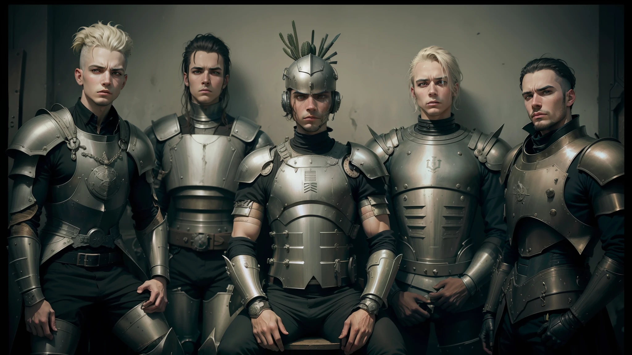arafed image of a group of men in armor posing for a picture, style of emil melmoth, fallout 5 official art, band promo photo, shot on large format film camera, unique hairstyle, by William Conor, gemini, emotional and expressive, desert circus, portrait of a robot, beautifully disturbing, anthropomorphic cactus, decisive and stubborn portrait --auto --s2