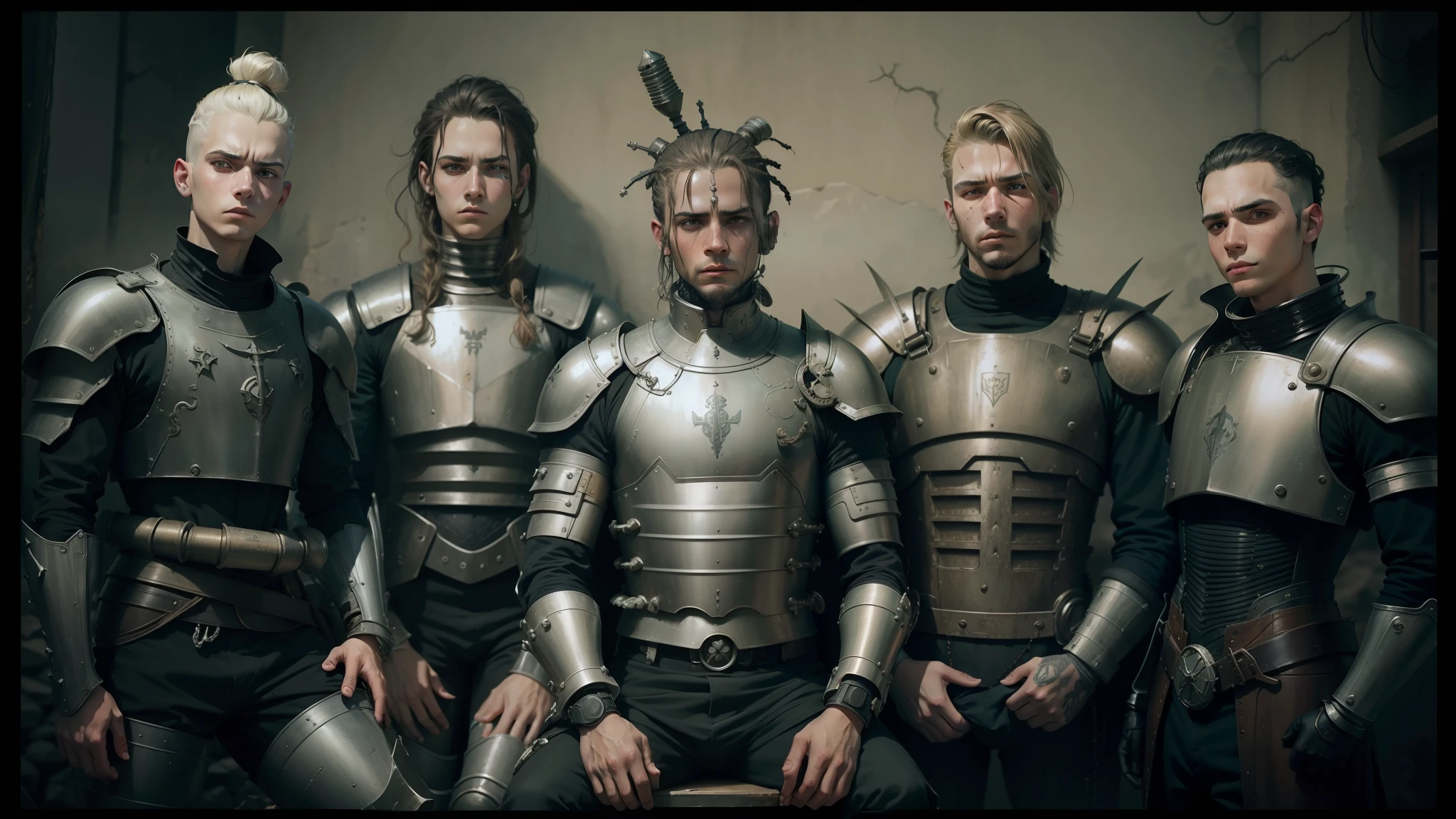 arafed image of a group of men in armor posing for a picture, style of emil melmoth, fallout 5 official art, band promo photo, shot on large format film camera, unique hairstyle, by William Conor, gemini, emotional and expressive, desert circus, portrait of a teen robot, beautifully disturbing, anthropomorphic cactus, decisive and stubborn portrait --auto --s2