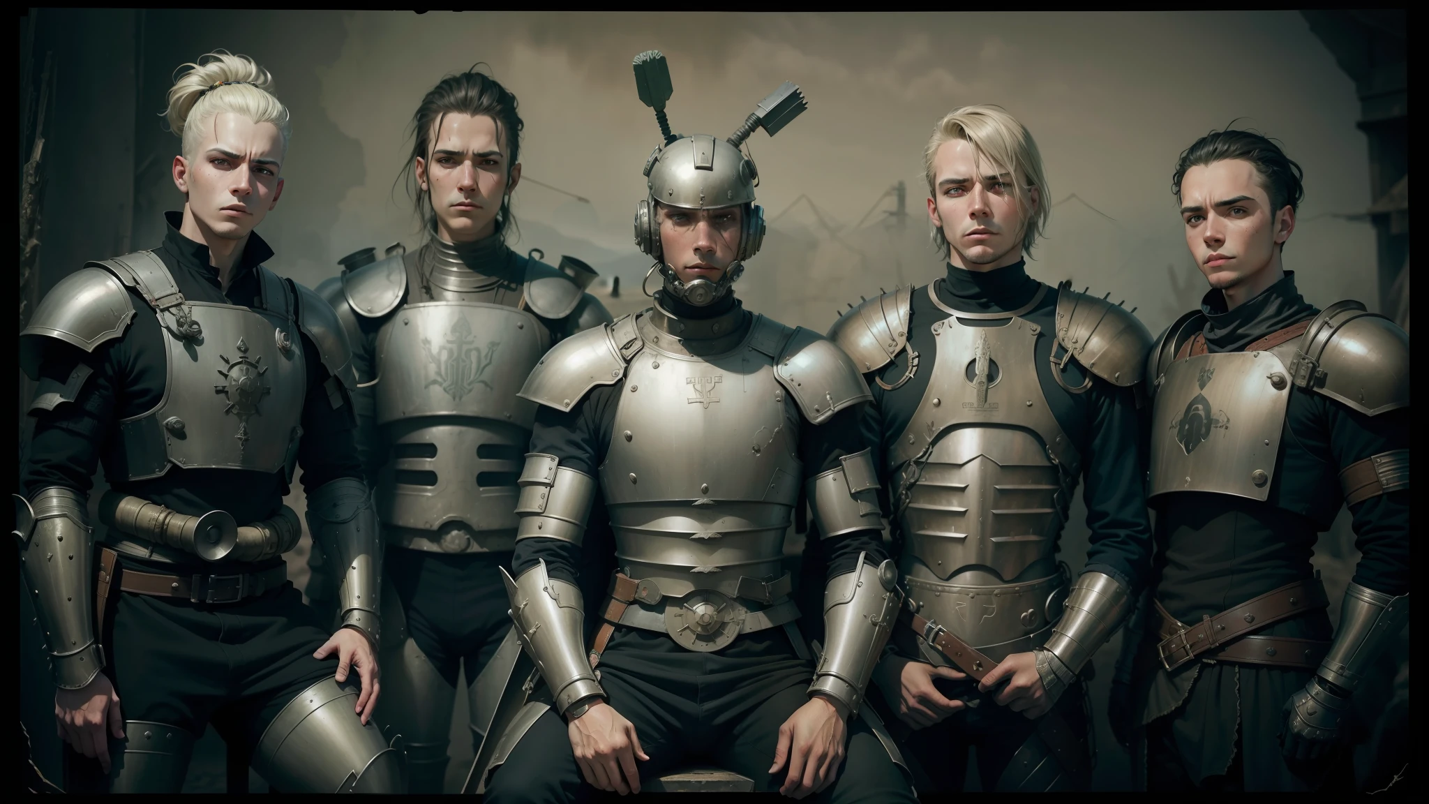 arafed image of a group of men in armor posing for a picture, style of emil melmoth, fallout 5 official art, band promo photo, shot on large format film camera, unique hairstyle, by William Conor, gemini, emotional and expressive, desert circus, portrait of a teen robot, beautifully disturbing, anthropomorphic cactus, decisive and stubborn portrait --auto --s2