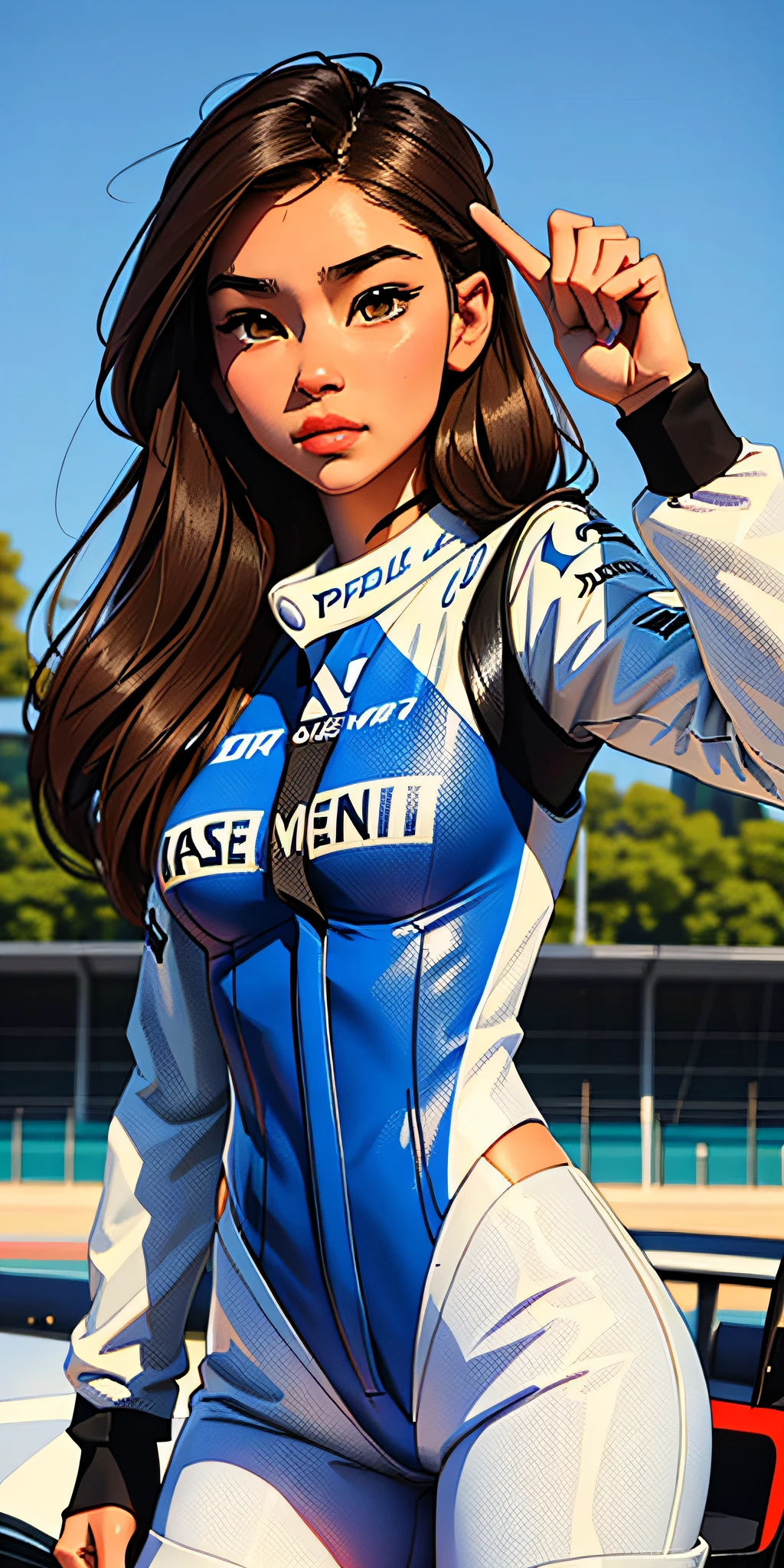 woman in her 20s,making a peace sign, (perfect face), defined jawline, beautiful brown eyes, beautiful lips, (perfect ???????), (athletic body), (sexy), (perfect hands), (medium full shot photograph), pokimane, gemma chen, cindy avelino, violet myers, soft devil queen madison beer, f 1, wei wang, wry smirk, valentina remenar, madison beer girl in a Formula one racing suit portrait, smooth in _ the background, f 1/4, f 1/3