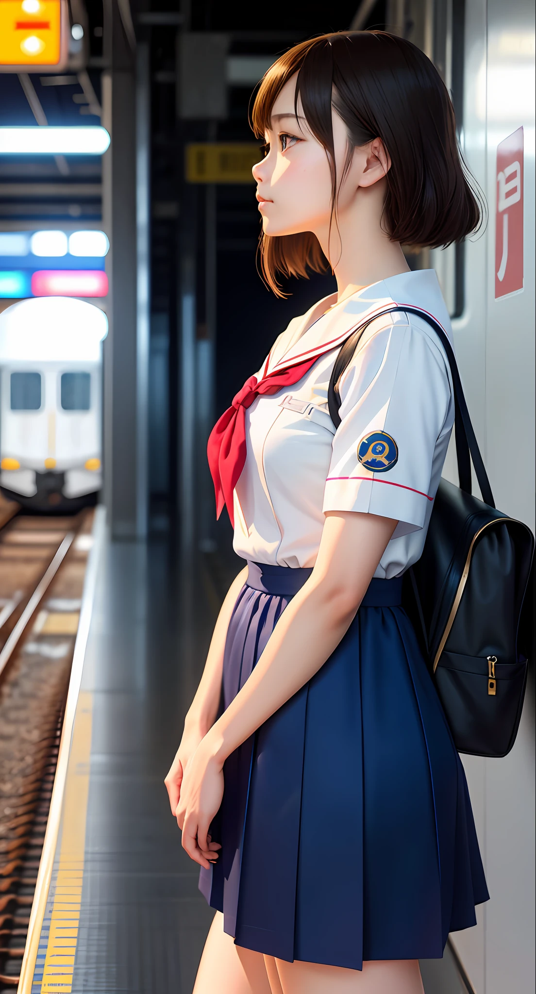 There is a close-up of a real life anime girl standing on the station platform, a semi-long young anime girl wearing a sailor suit, and an anime. soft lighting, phosphorus, shot with Canon EOS R 6, photorealistic anime, shot with Canon EOS 5d Mark IV, ultra realistic animation, portrait of an anime girl,waiting for the train to come,profile